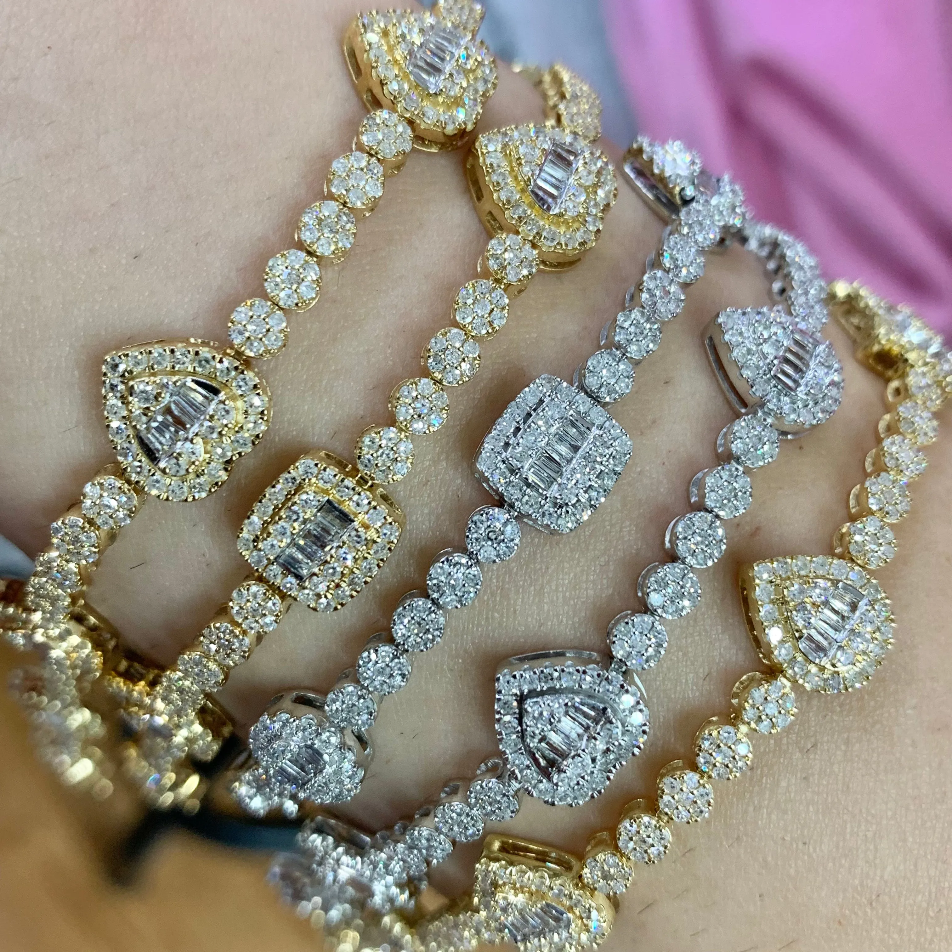 Gold and Diamond 10.4x3.5mm Tennis Bracelet with Squares, Tear Drops and Circles (pick gold color)