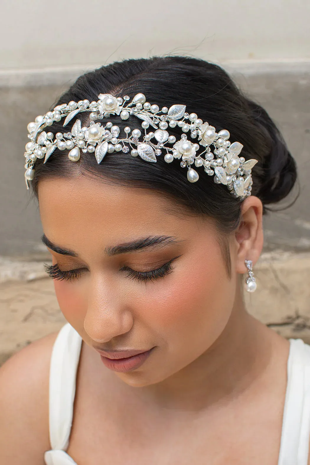 Hailey - Pearl Crystal Flower Double Bridal Headband