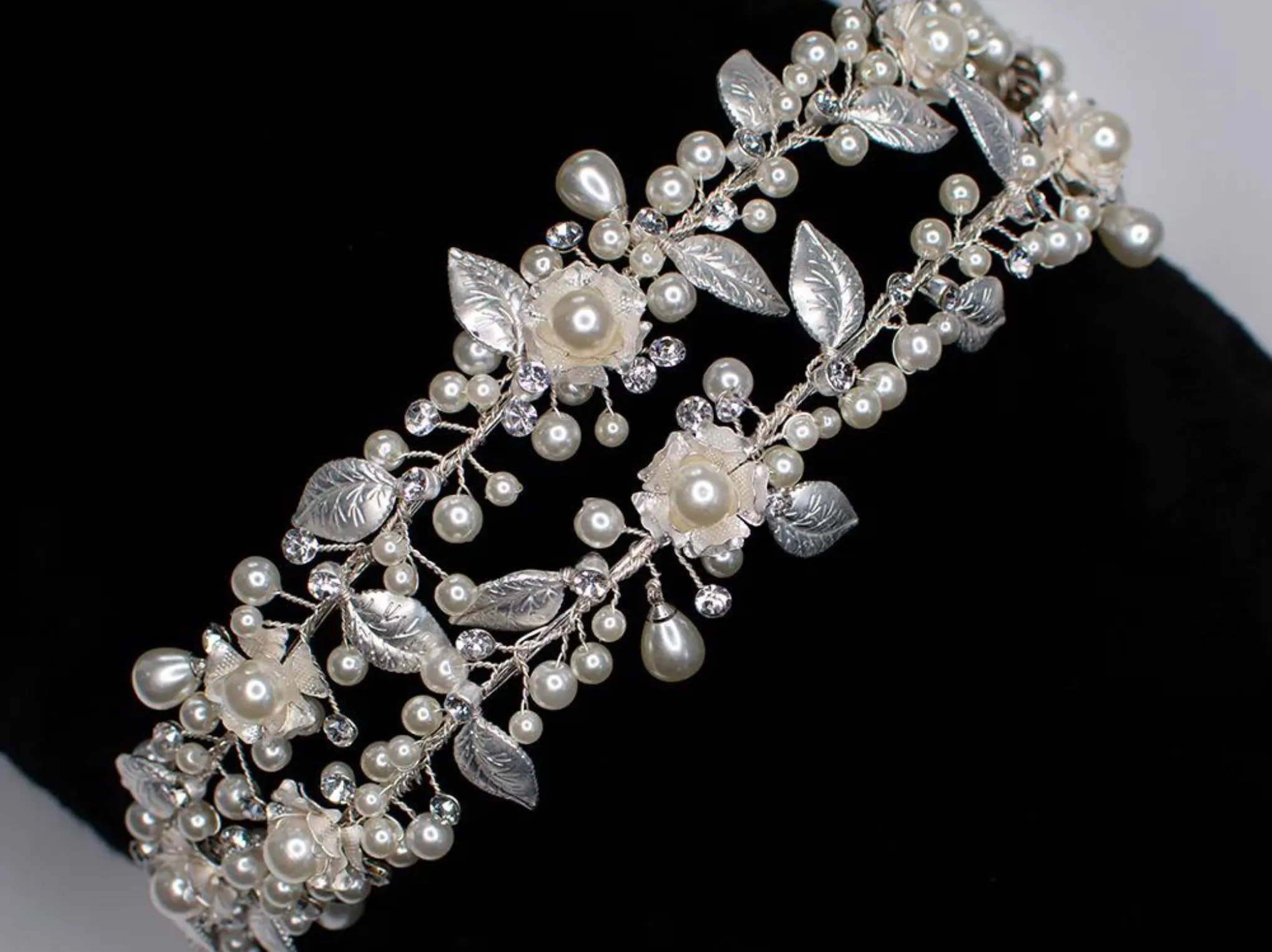 Hailey - Pearl Crystal Flower Double Bridal Headband