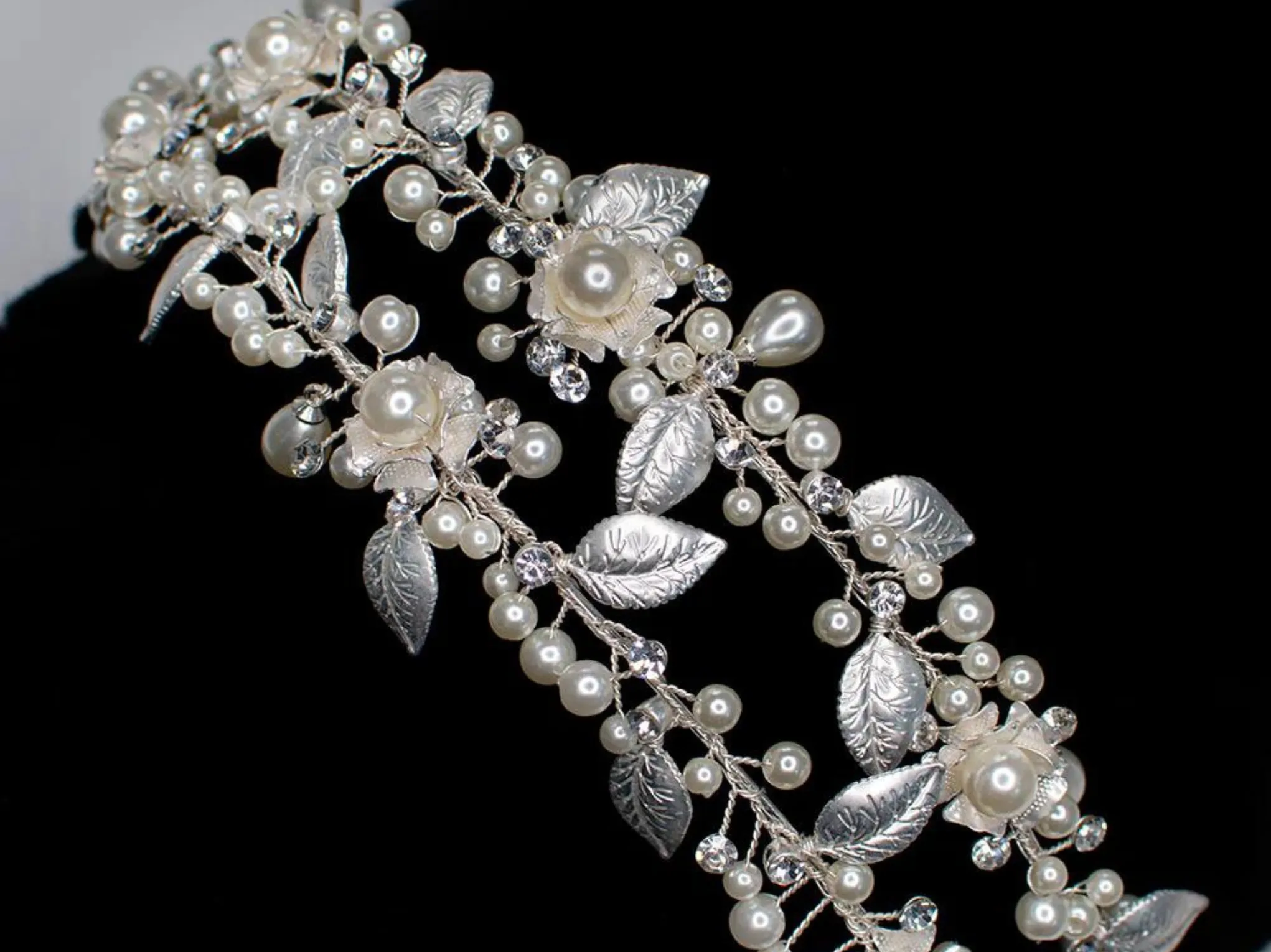 Hailey - Pearl Crystal Flower Double Bridal Headband