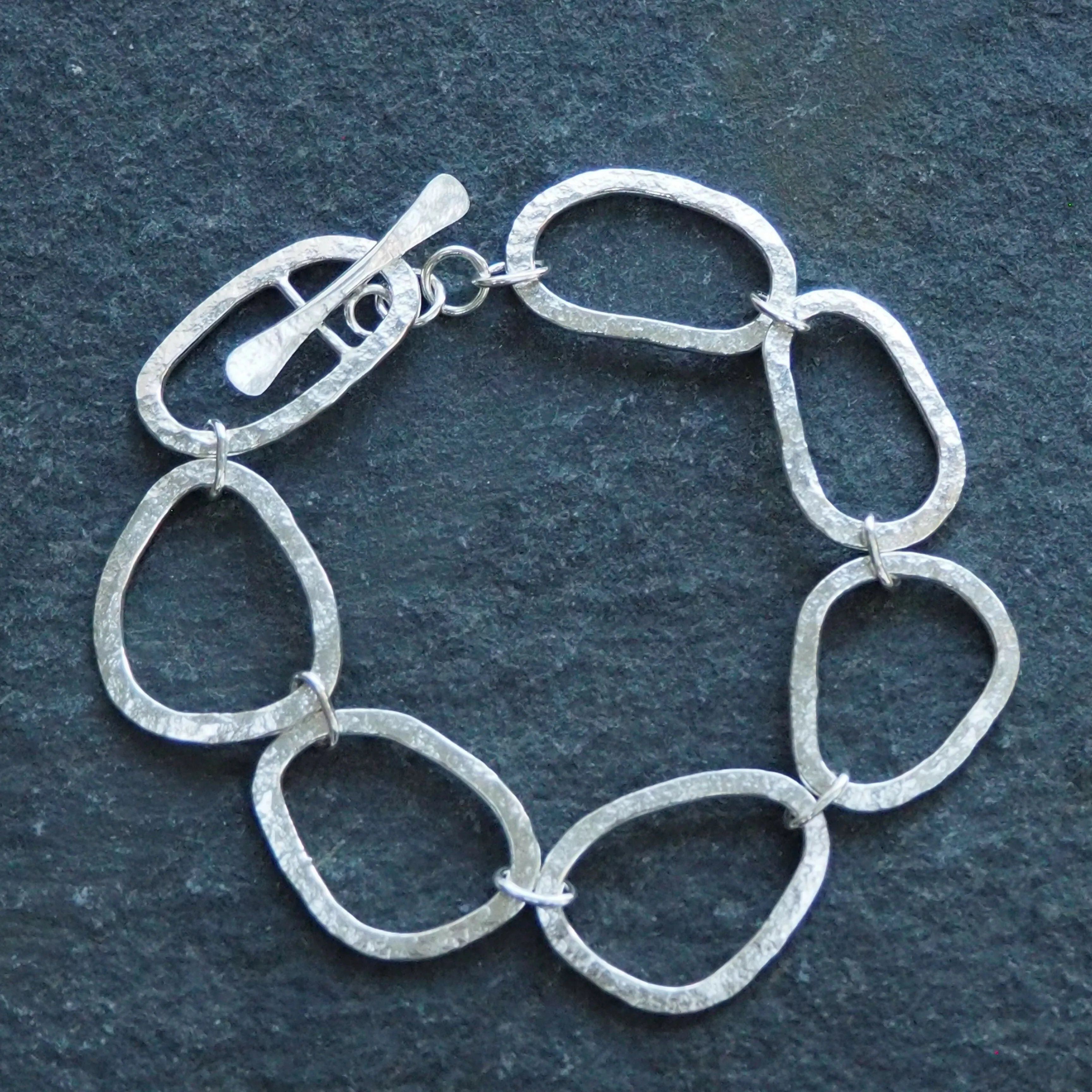 Hallmarked Silver Bracelet - Hammered Silver - Large Link