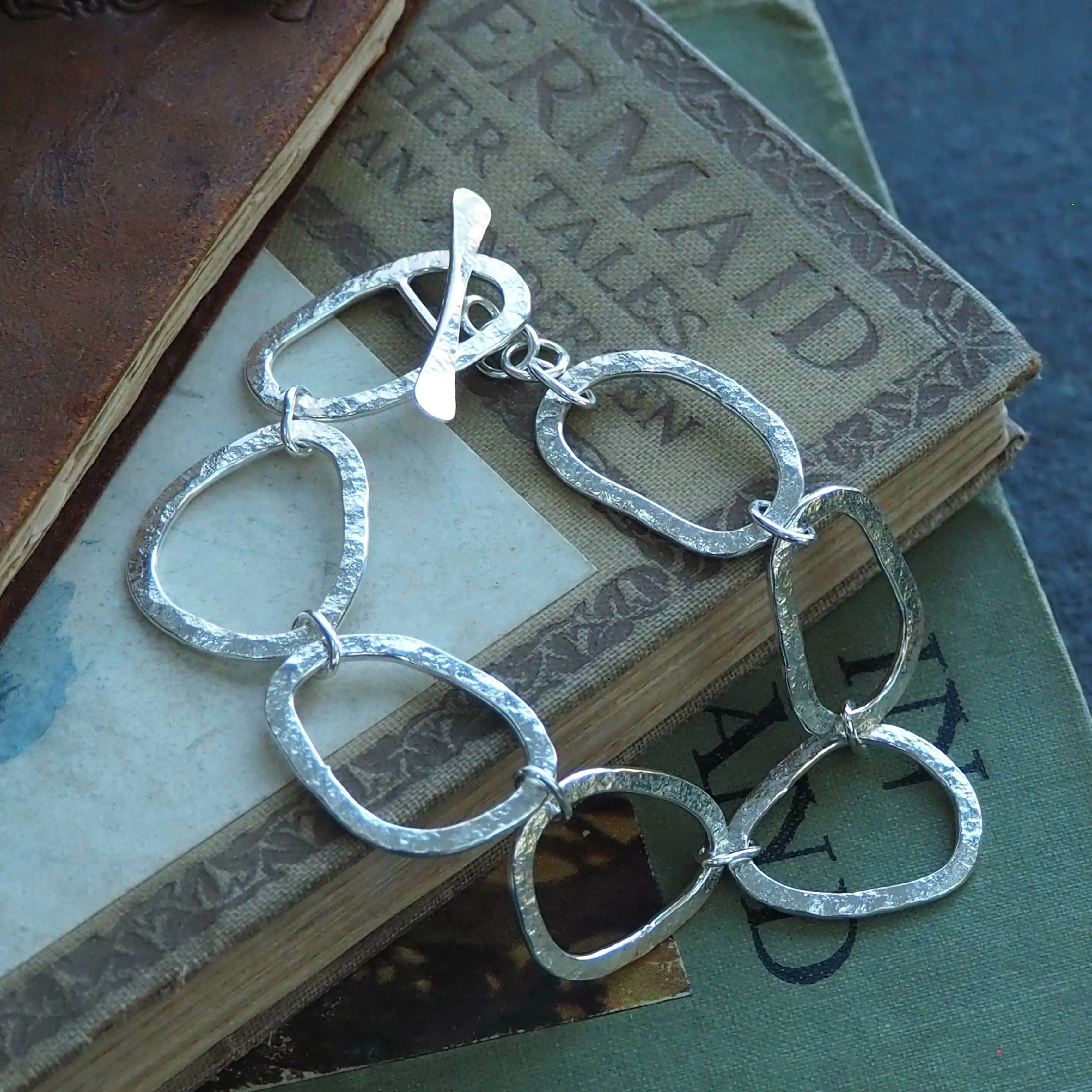 Hallmarked Silver Bracelet - Hammered Silver - Large Link