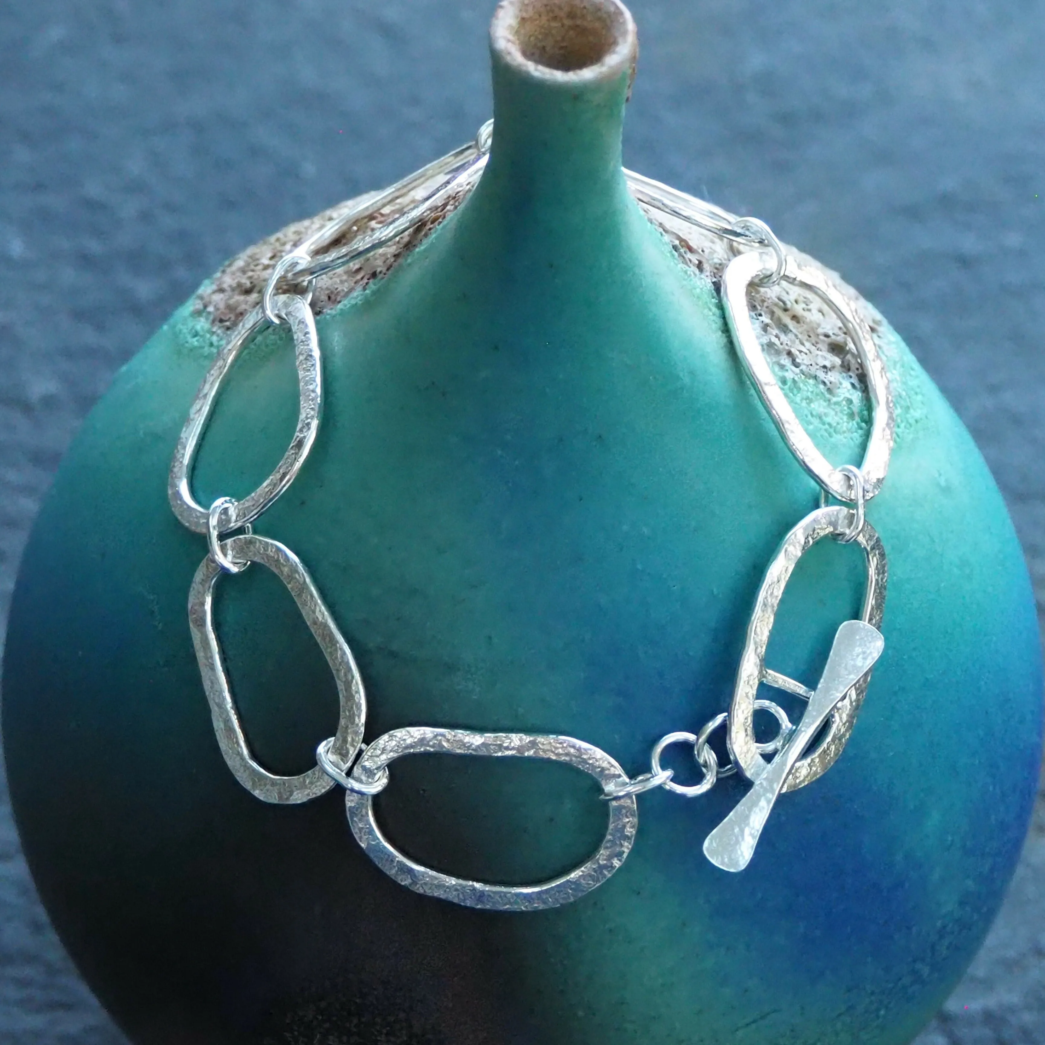 Hallmarked Silver Bracelet - Hammered Silver - Large Link