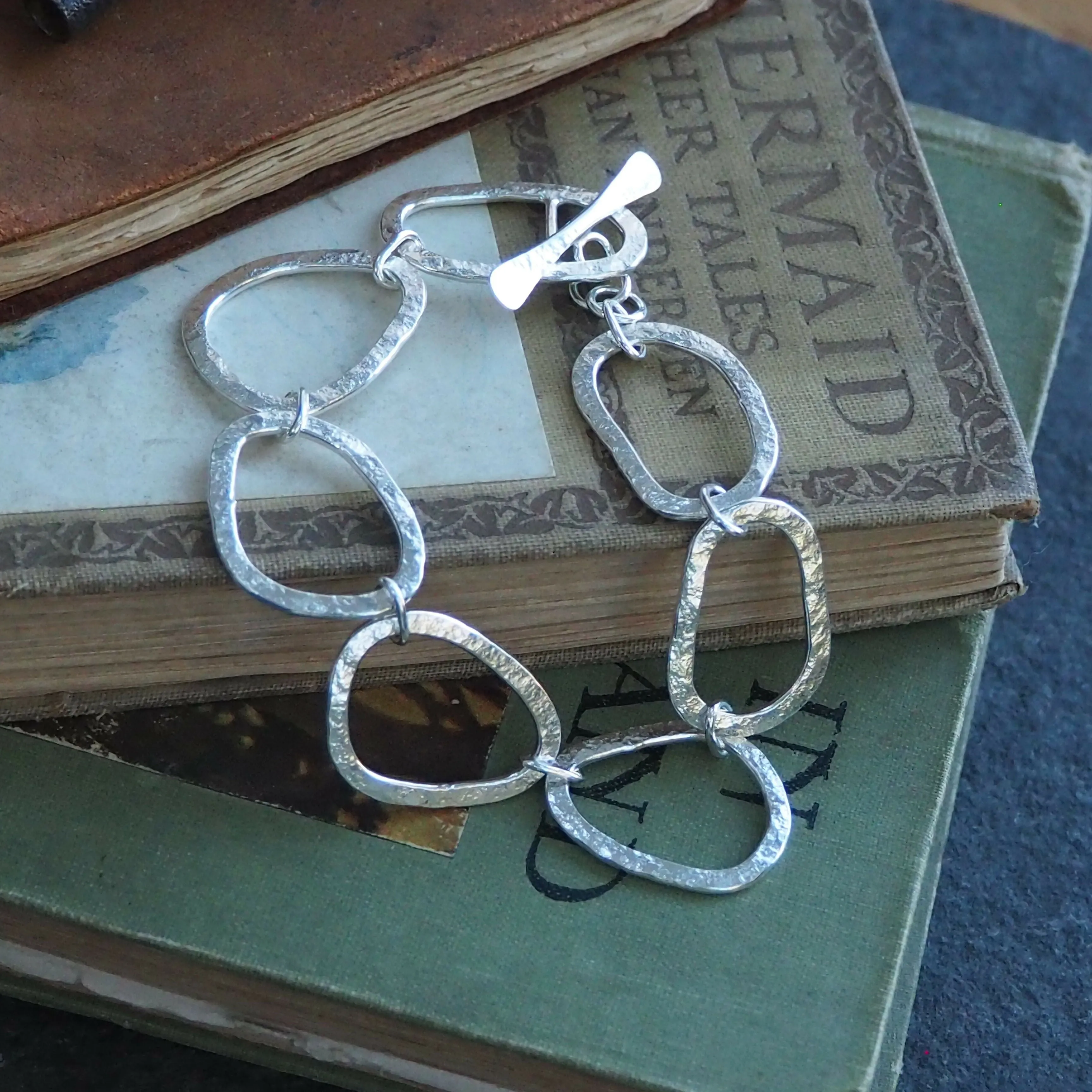 Hallmarked Silver Bracelet - Hammered Silver - Large Link
