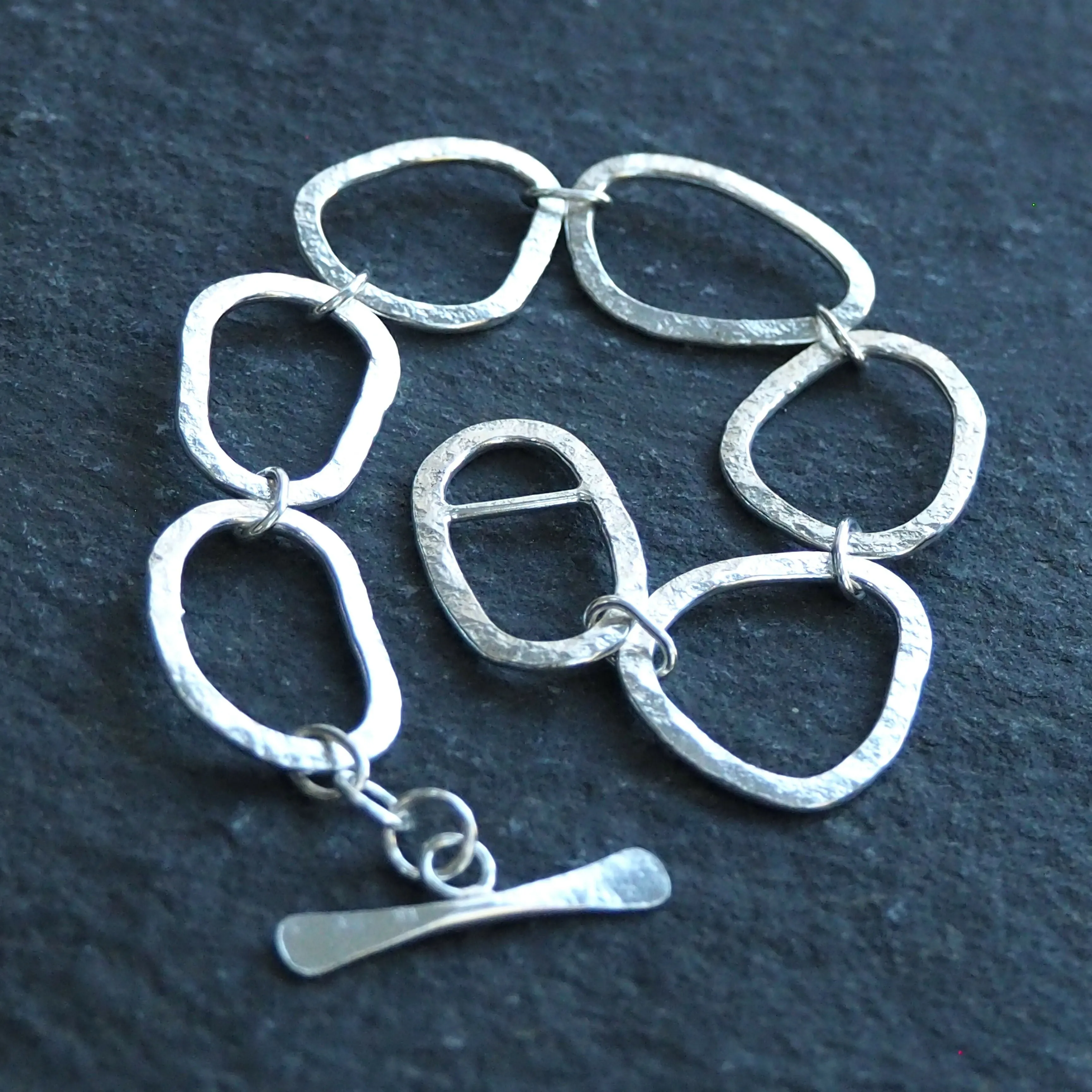 Hallmarked Silver Bracelet - Hammered Silver - Large Link