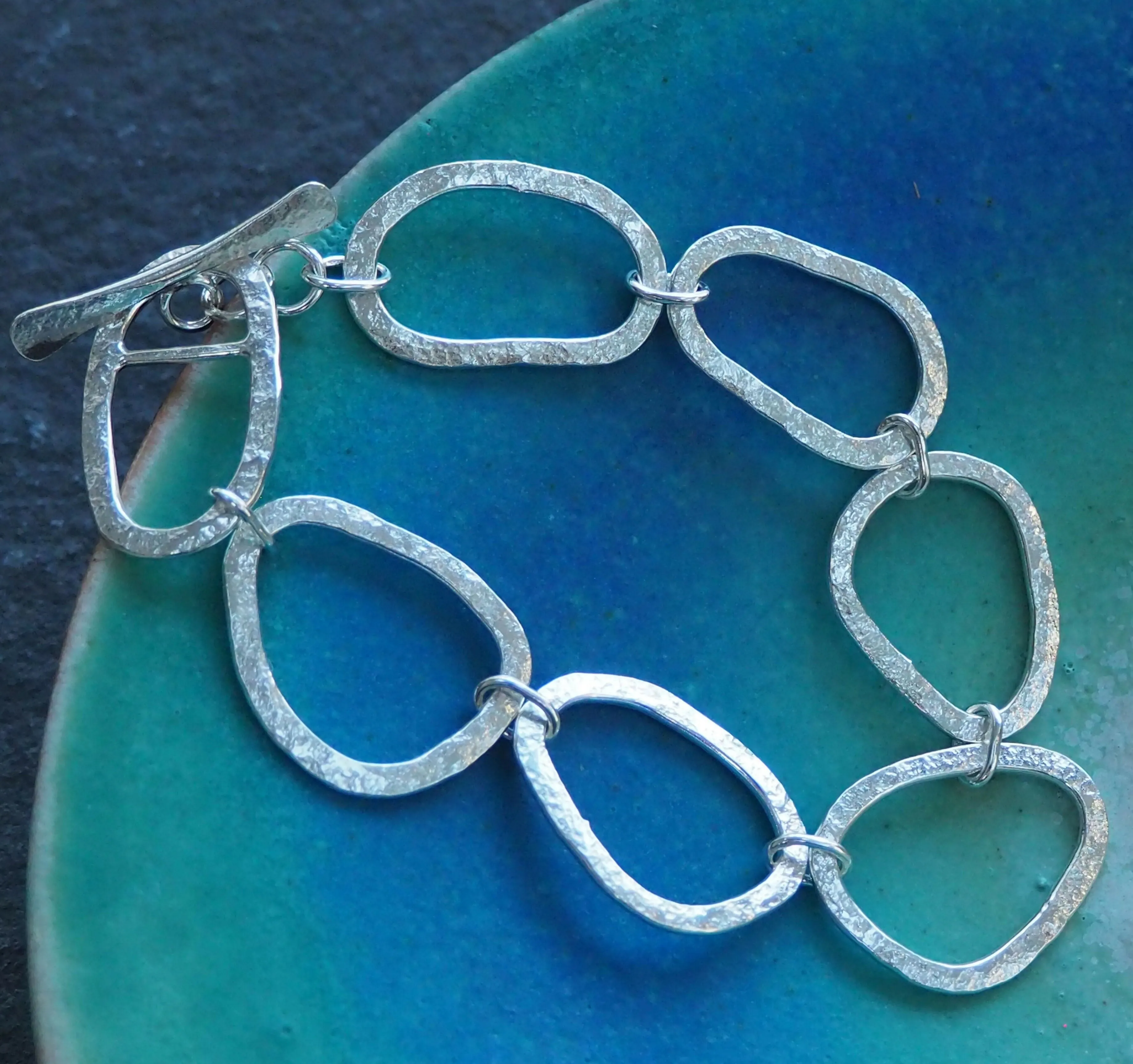 Hallmarked Silver Bracelet - Hammered Silver - Large Link