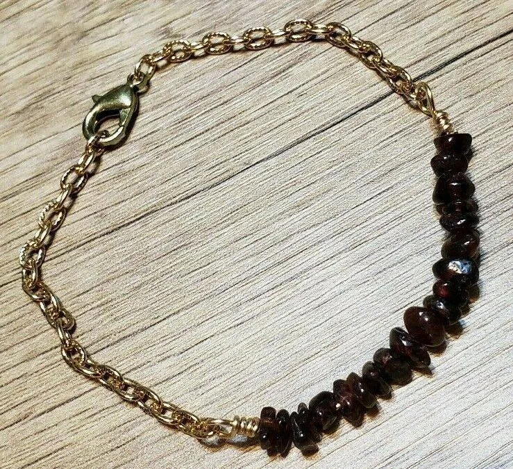 Hand Crafted All Natural Garnet Gemstone & Gold Tone Chain Bracelet. Adjustable to 8.5" with Lobster Claw Clasp