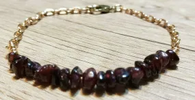 Hand Crafted All Natural Garnet Gemstone & Gold Tone Chain Bracelet. Adjustable to 8.5" with Lobster Claw Clasp