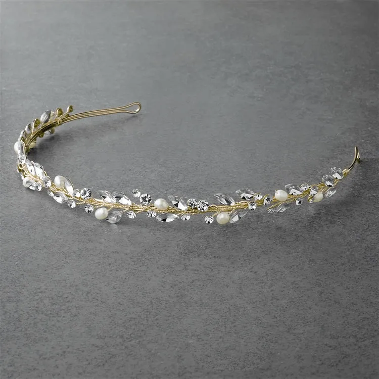Handmade Light Gold Bridal Headband Tiara with Genuine Freshwater Pearls & Crystals 4624T-I-LTG