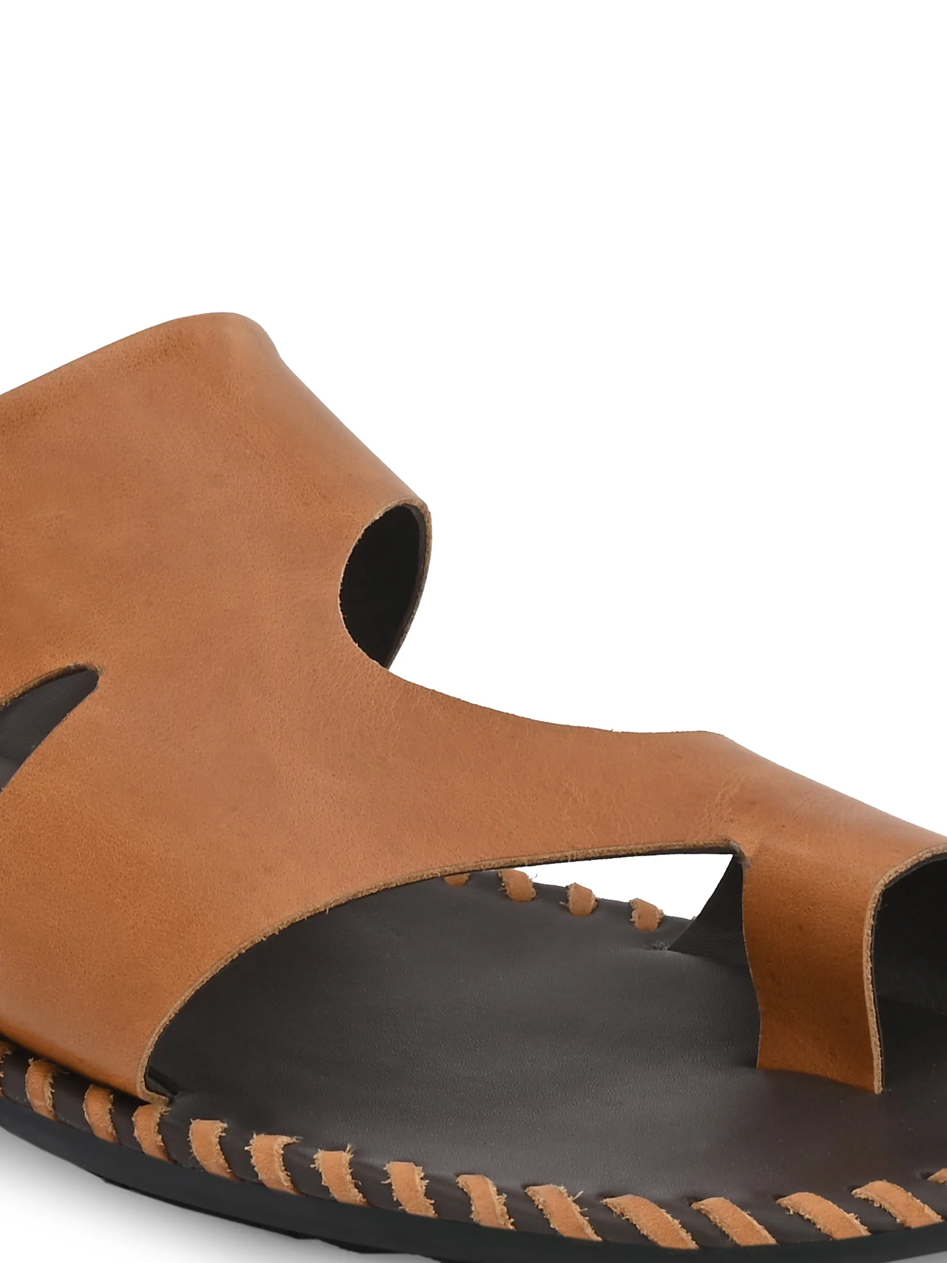 Hitz Men's Tan Leather Casual Toe-Ring Slippers