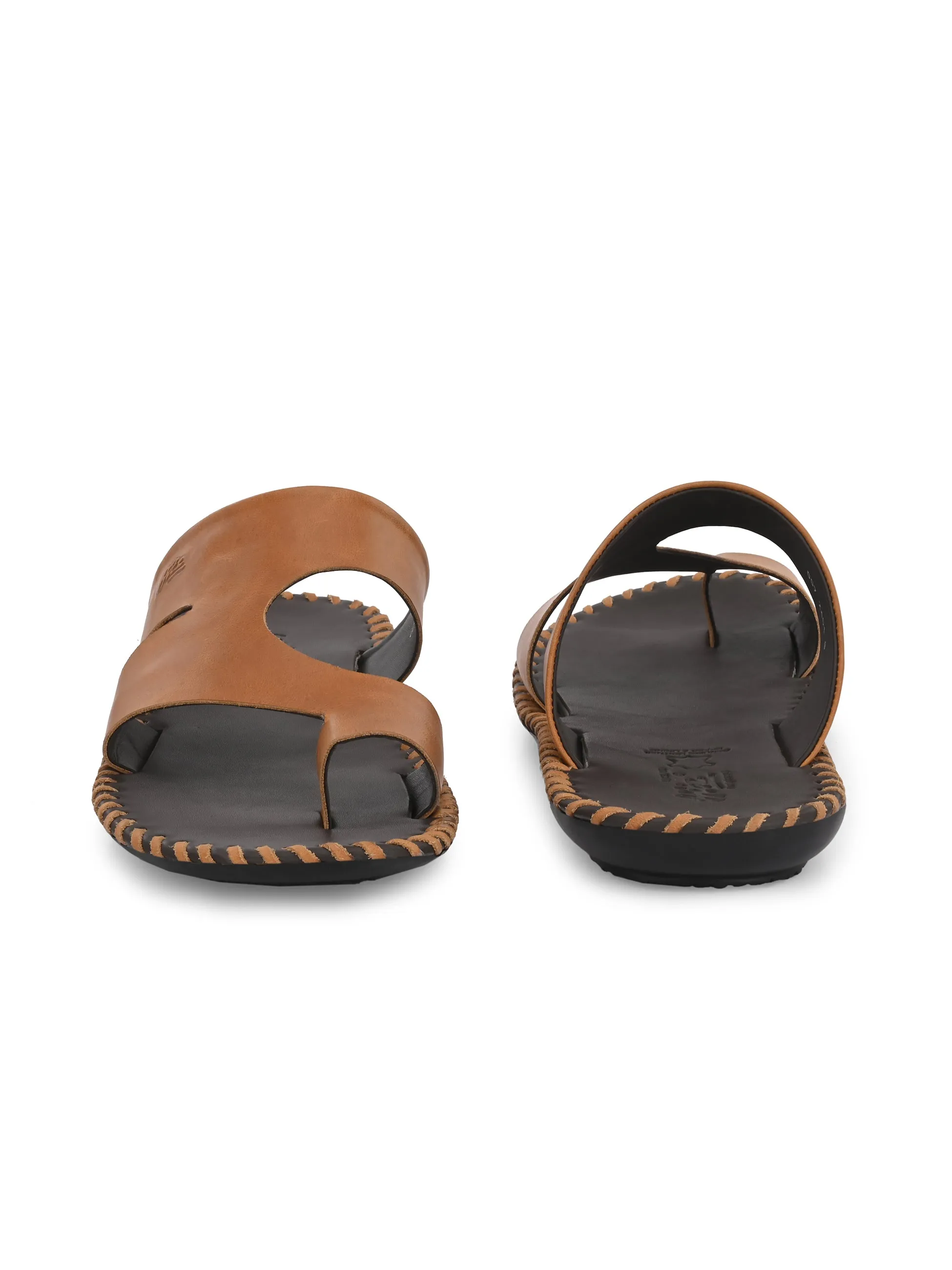 Hitz Men's Tan Leather Casual Toe-Ring Slippers