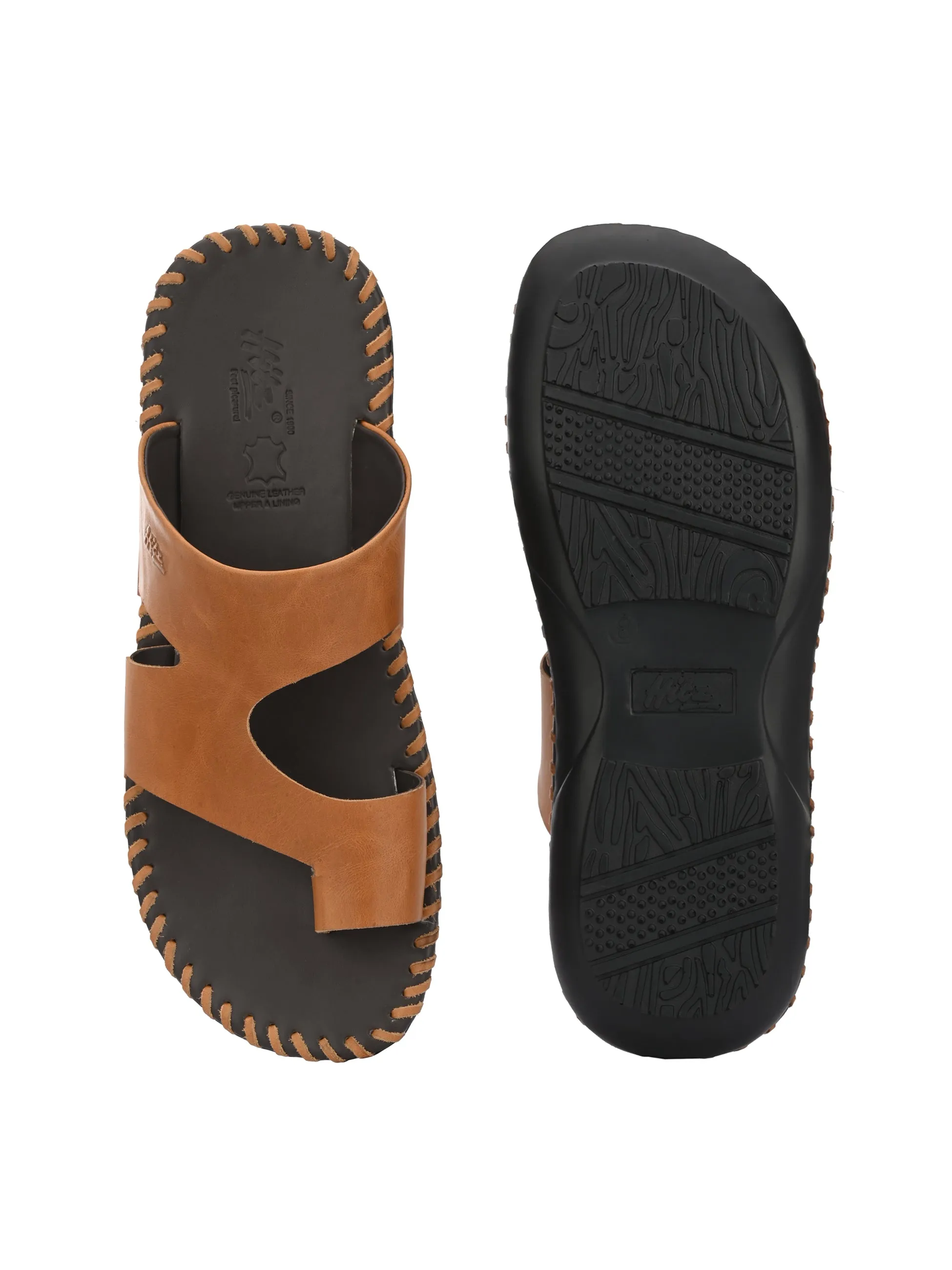Hitz Men's Tan Leather Casual Toe-Ring Slippers