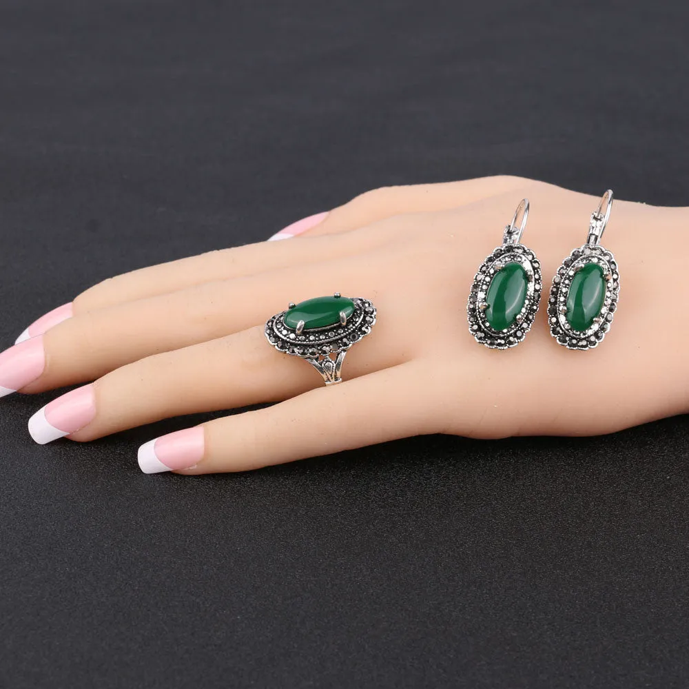 Hot Vintage Green Earrings And Rings Jewelry Sets Plating Silver Oval Resin Retro Accessories Man-made diamond Jewelry