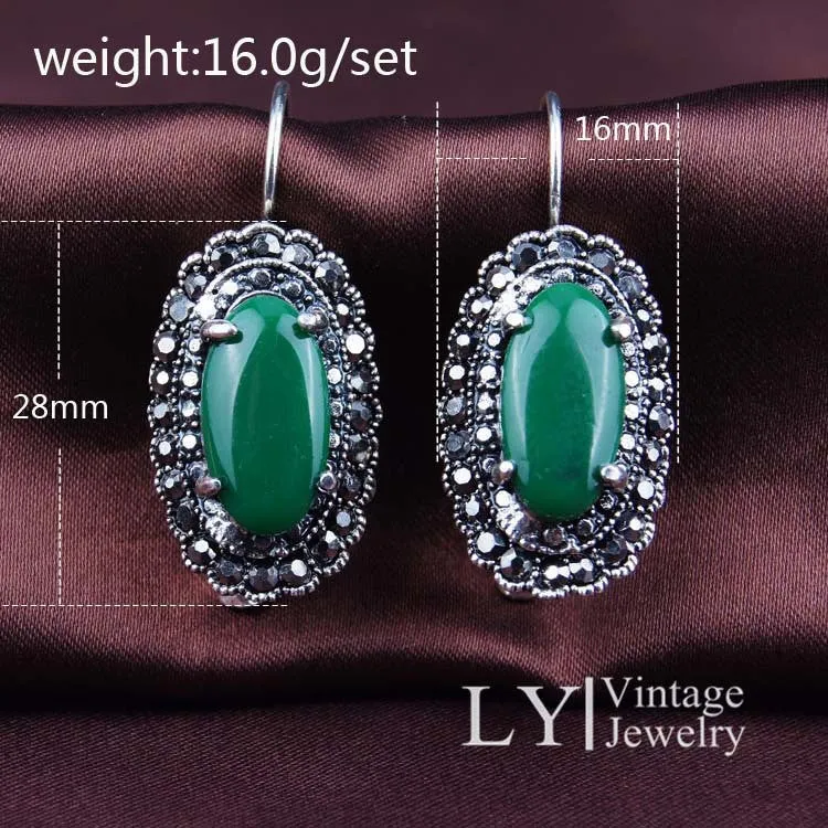 Hot Vintage Green Earrings And Rings Jewelry Sets Plating Silver Oval Resin Retro Accessories Man-made diamond Jewelry