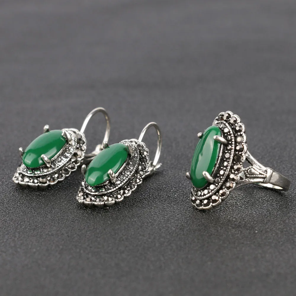 Hot Vintage Green Earrings And Rings Jewelry Sets Plating Silver Oval Resin Retro Accessories Man-made diamond Jewelry