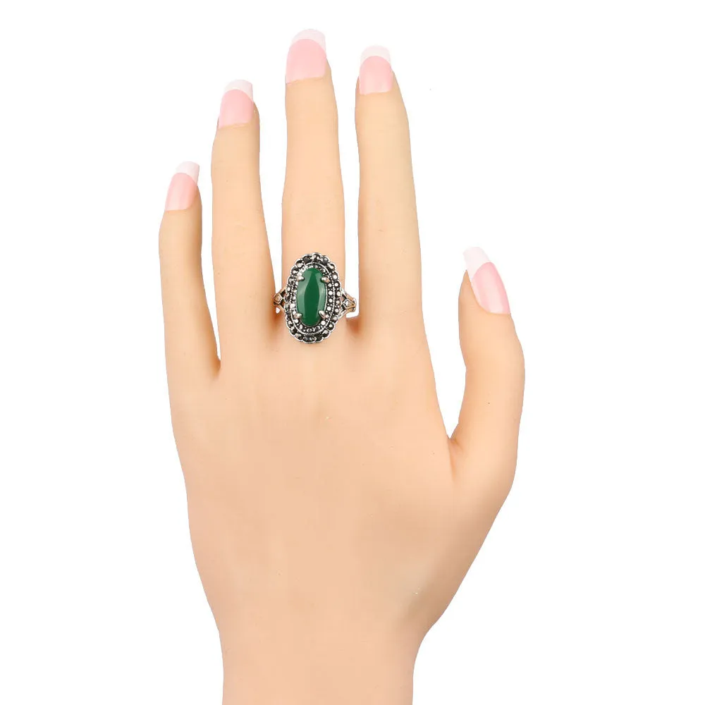 Hot Vintage Green Earrings And Rings Jewelry Sets Plating Silver Oval Resin Retro Accessories Man-made diamond Jewelry
