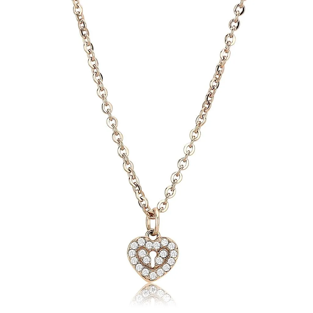 IP Rose Gold(Ion Plating) Stainless Steel Chain Pendant with AAA Grade CZ in Clear for Women Style DA086
