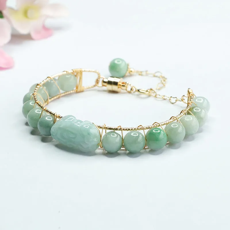 Jade Pixiu Sterling Silver Bracelet with Natural A-grade Jade Ball