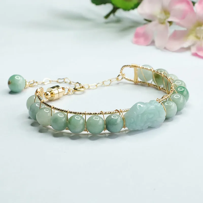 Jade Pixiu Sterling Silver Bracelet with Natural A-grade Jade Ball