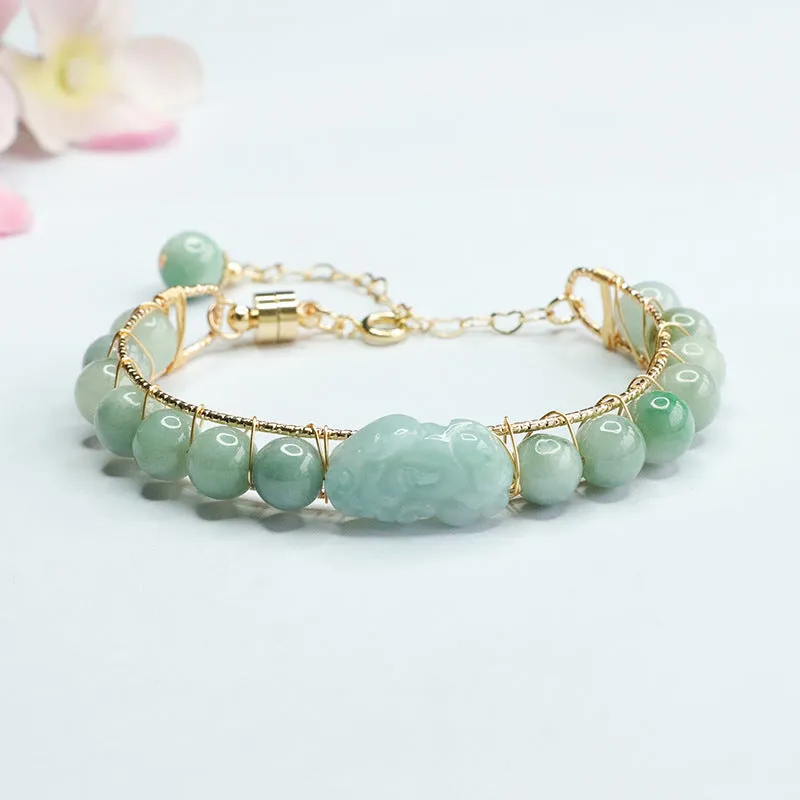 Jade Pixiu Sterling Silver Bracelet with Natural A-grade Jade Ball