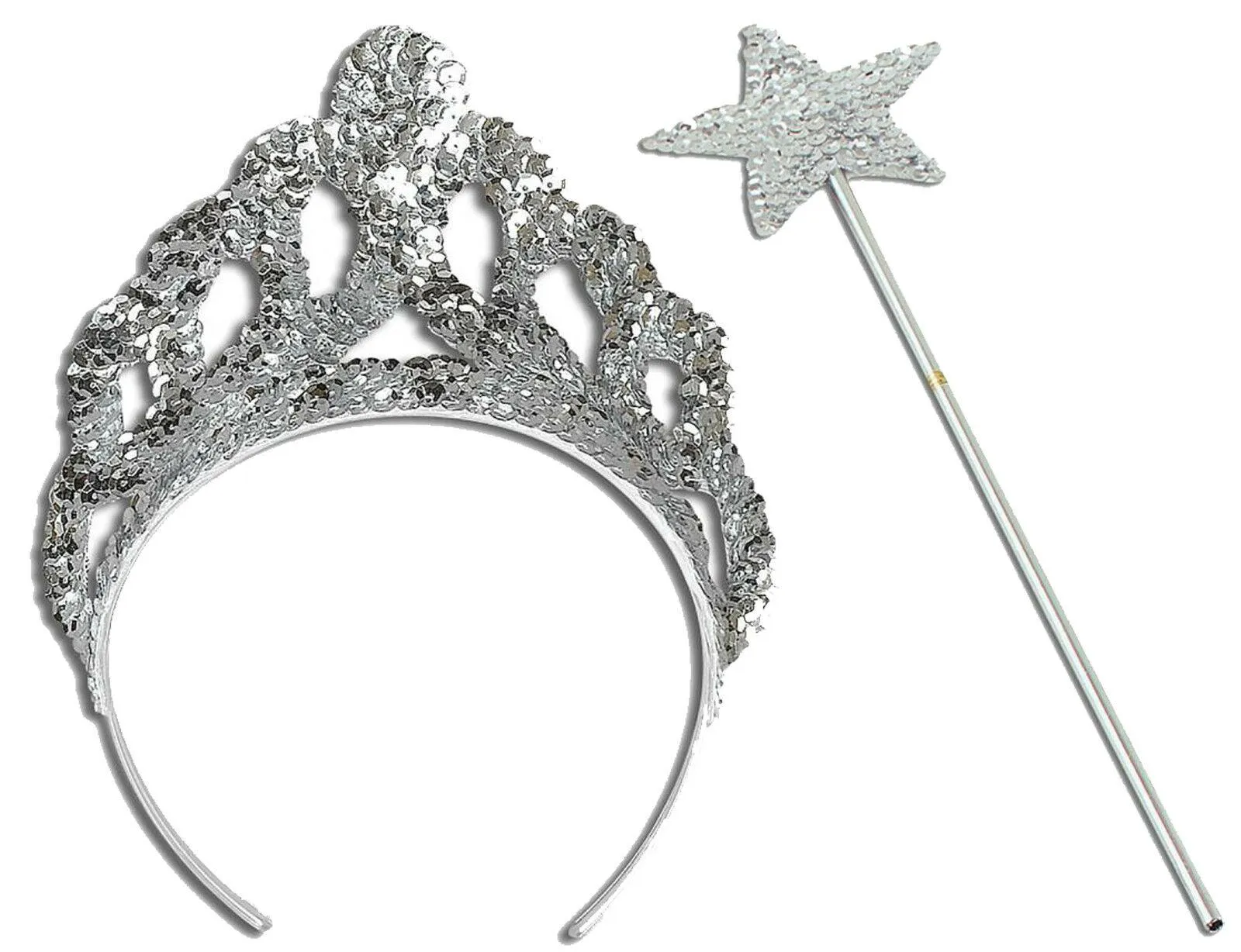 Ladies Girls Silver Tiara & Wand Princess Crown Christmas Party Accessories Set