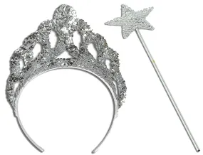 Ladies Girls Silver Tiara & Wand Princess Crown Christmas Party Accessories Set