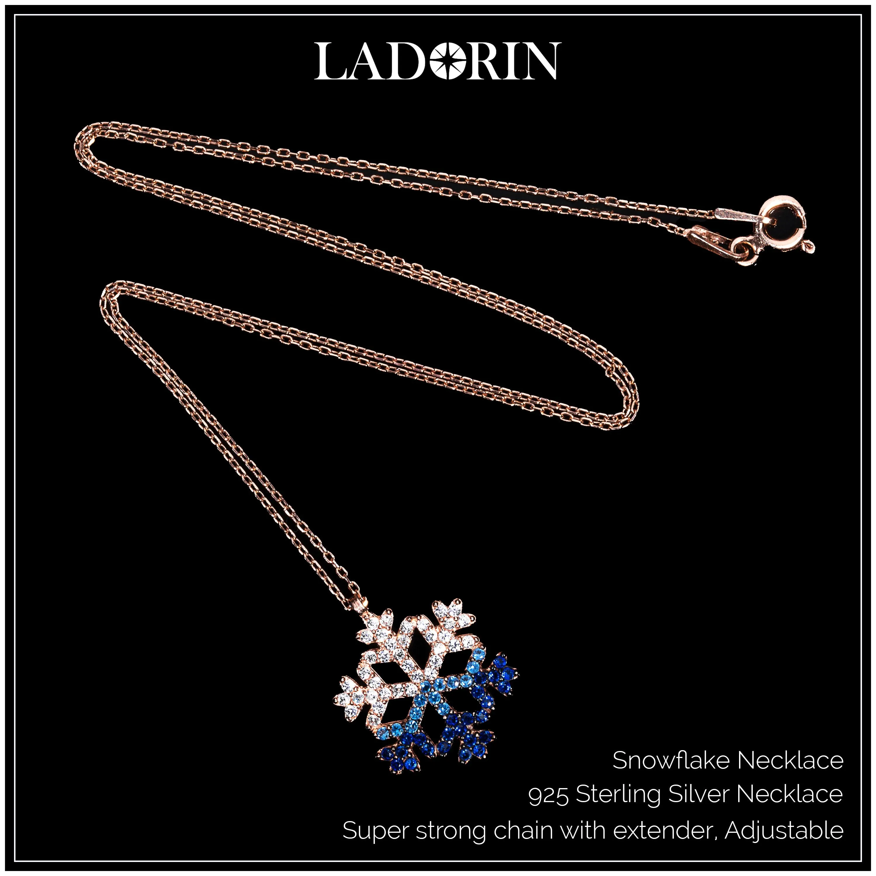 LADORIN Snowflake Necklace - 925 Sterling Silver Necklace with Special Wooden Gift Box