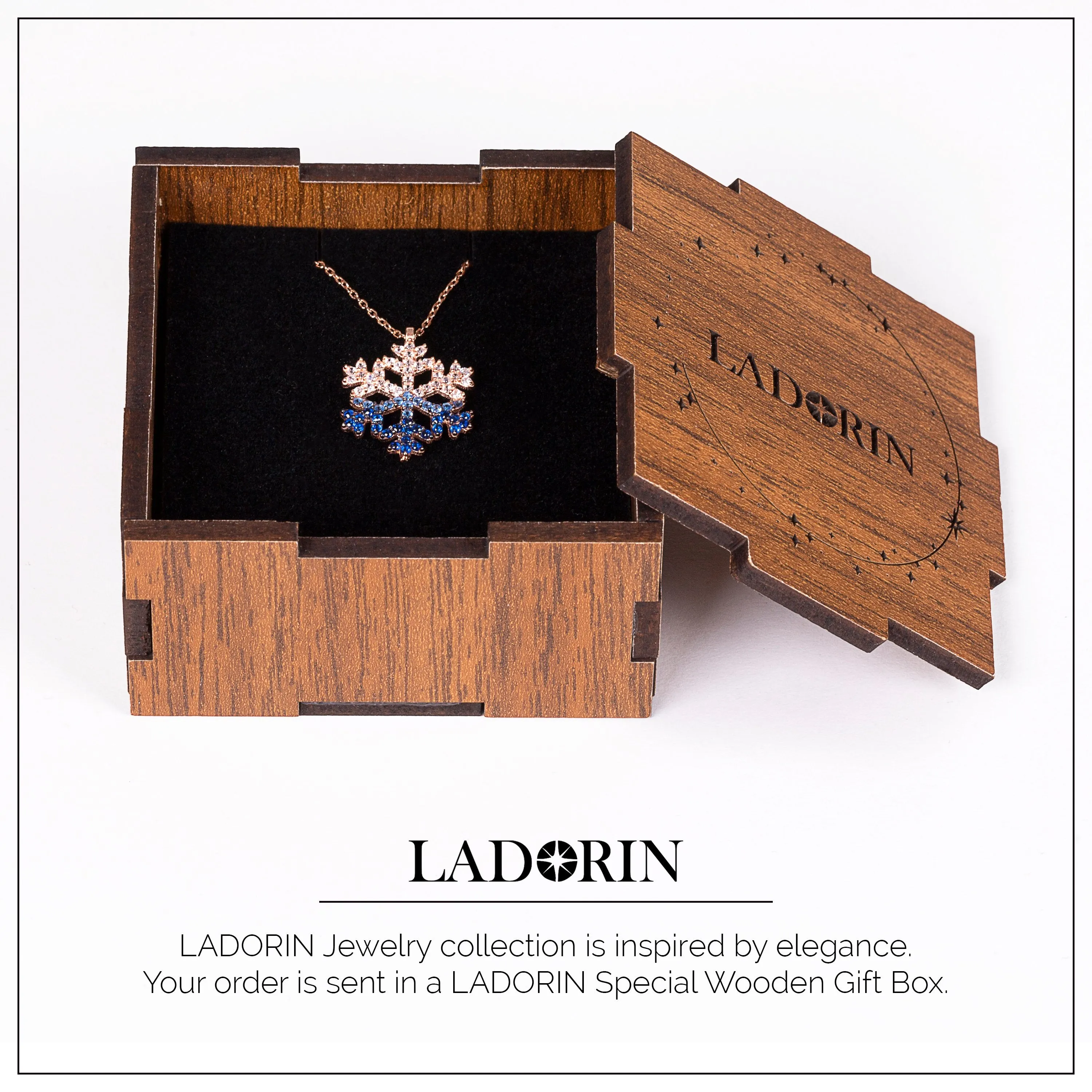 LADORIN Snowflake Necklace - 925 Sterling Silver Necklace with Special Wooden Gift Box
