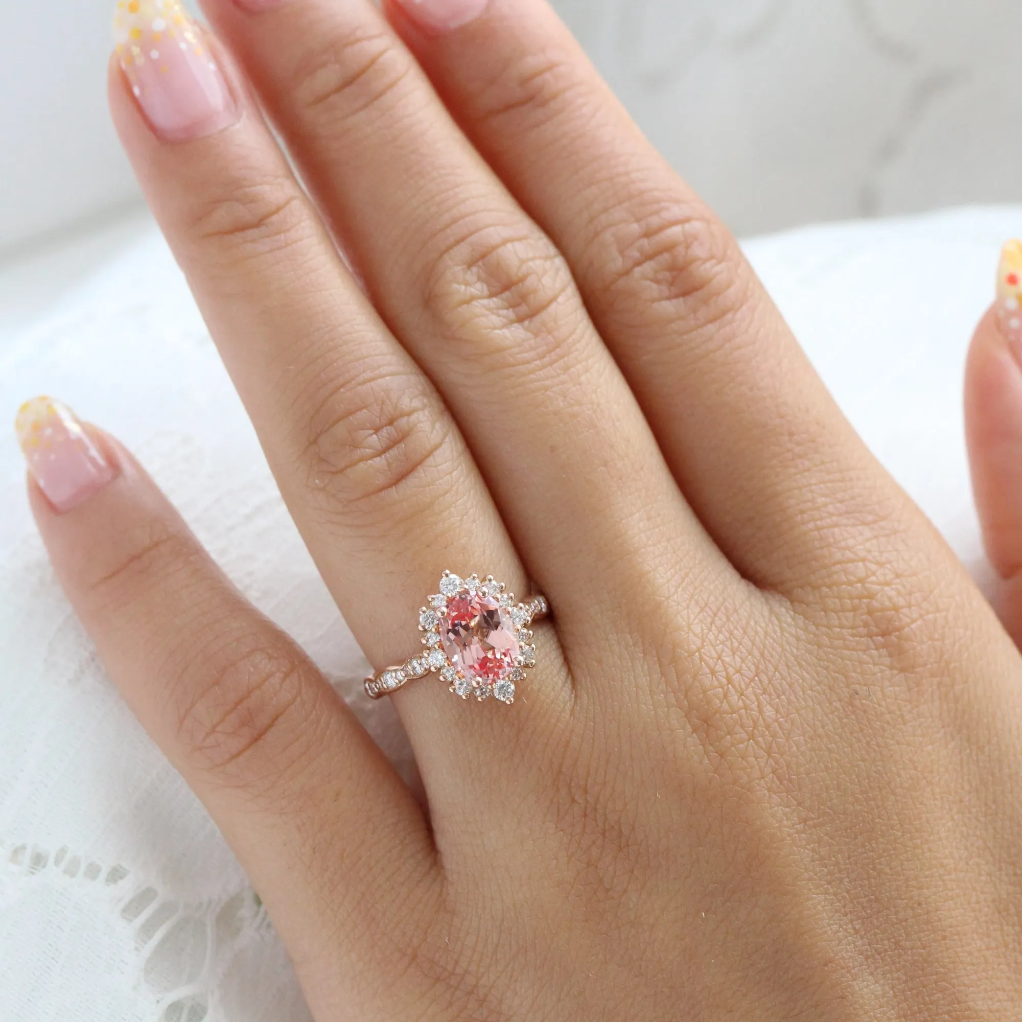 Large Oval Peach Sapphire Ring in Tiara Halo Diamond Scalloped Band