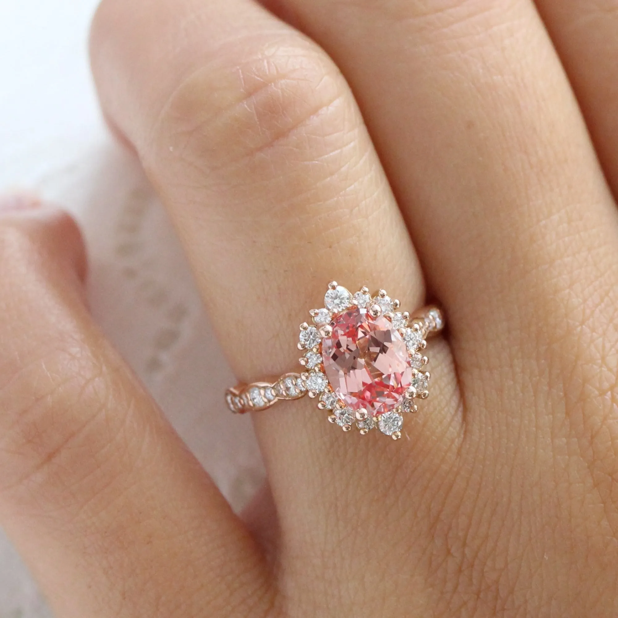 Large Oval Peach Sapphire Ring in Tiara Halo Diamond Scalloped Band