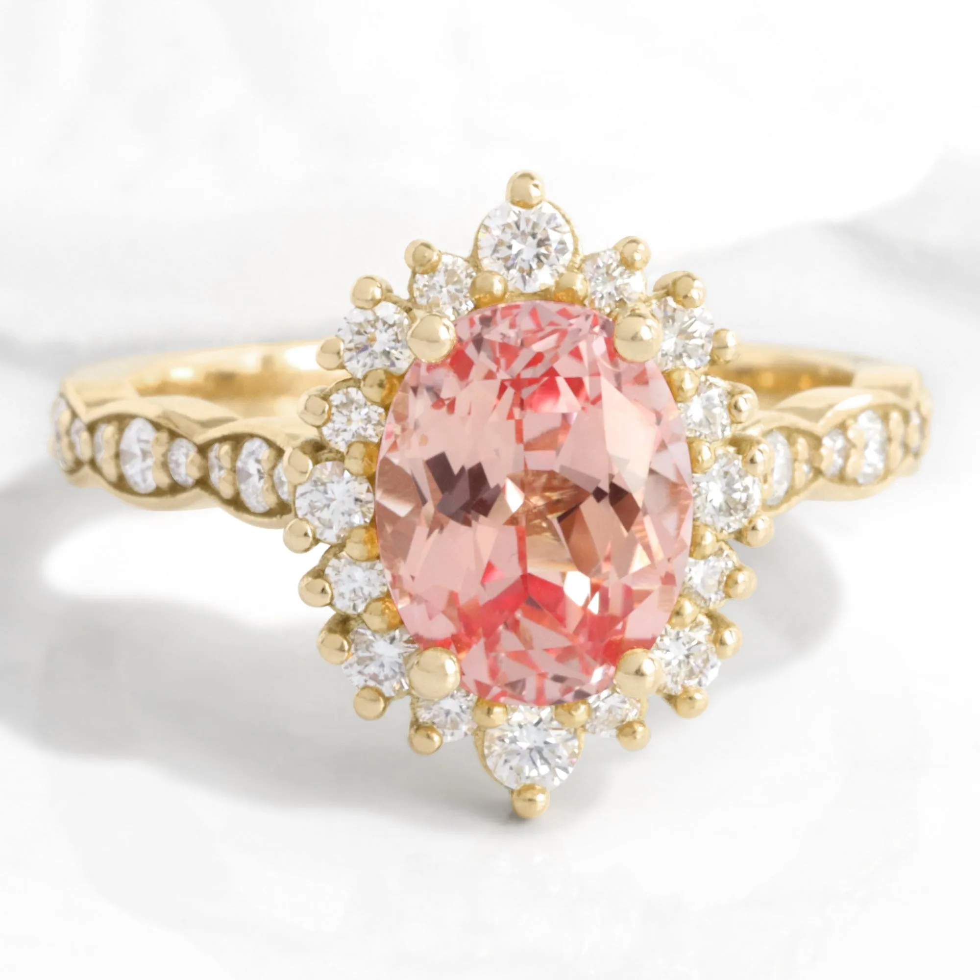 Large Oval Peach Sapphire Ring in Tiara Halo Diamond Scalloped Band