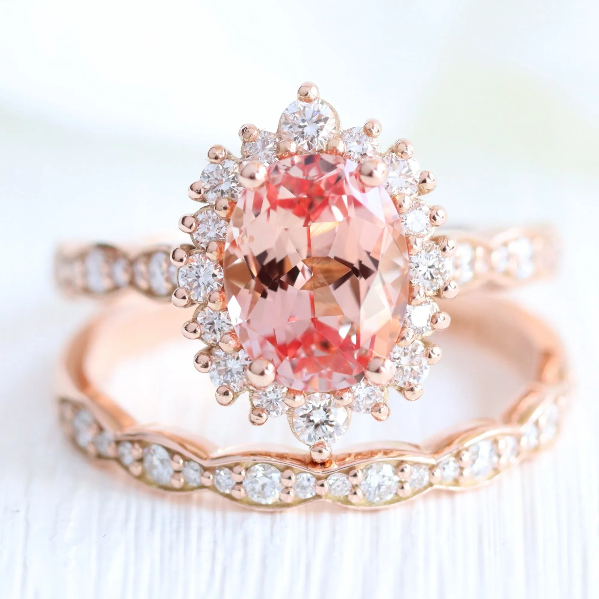 Large Oval Peach Sapphire Ring in Tiara Halo Diamond Scalloped Band
