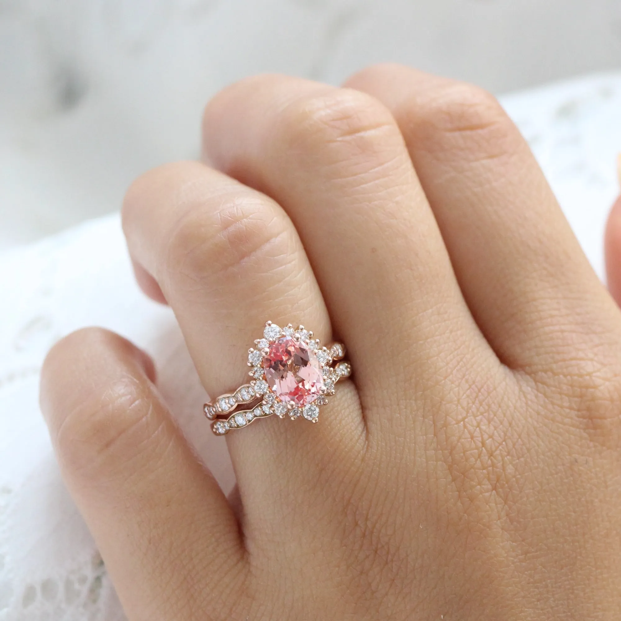 Large Oval Peach Sapphire Ring in Tiara Halo Diamond Scalloped Band