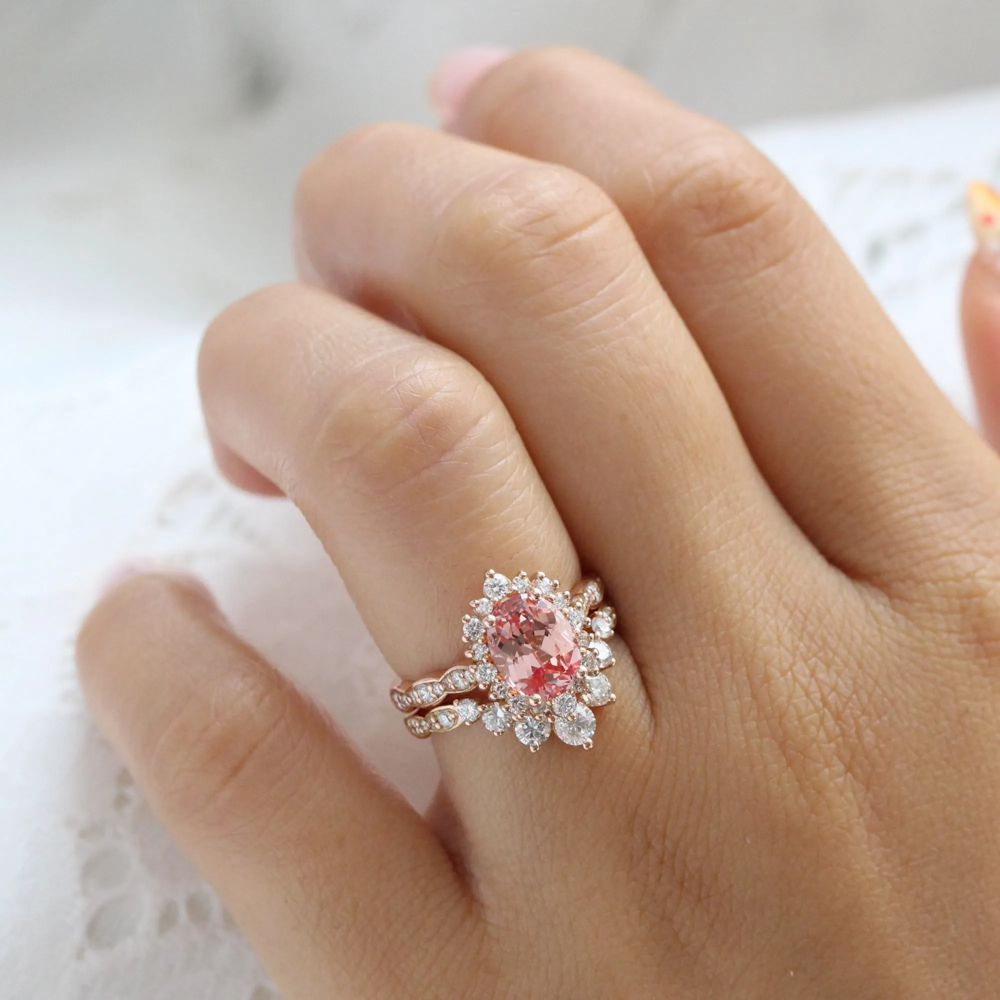 Large Oval Peach Sapphire Ring in Tiara Halo Diamond Scalloped Band
