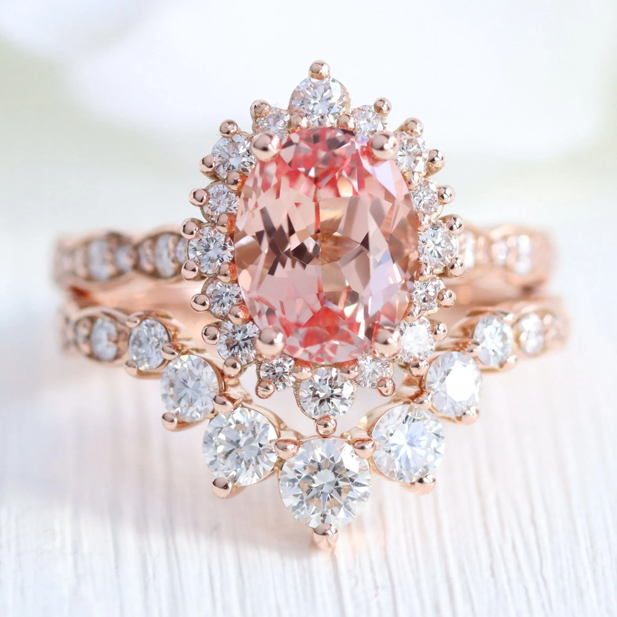 Large Oval Peach Sapphire Ring in Tiara Halo Diamond Scalloped Band