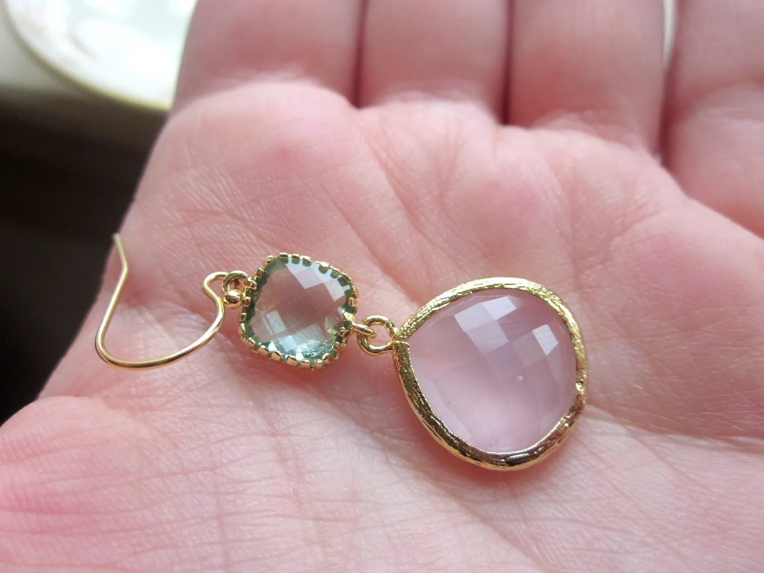 Large Pink Opal Earrings Gold Prasiolite Green Two Tier -  Bridesmaid Earrings Wedding Earrings Valentines Day Gift