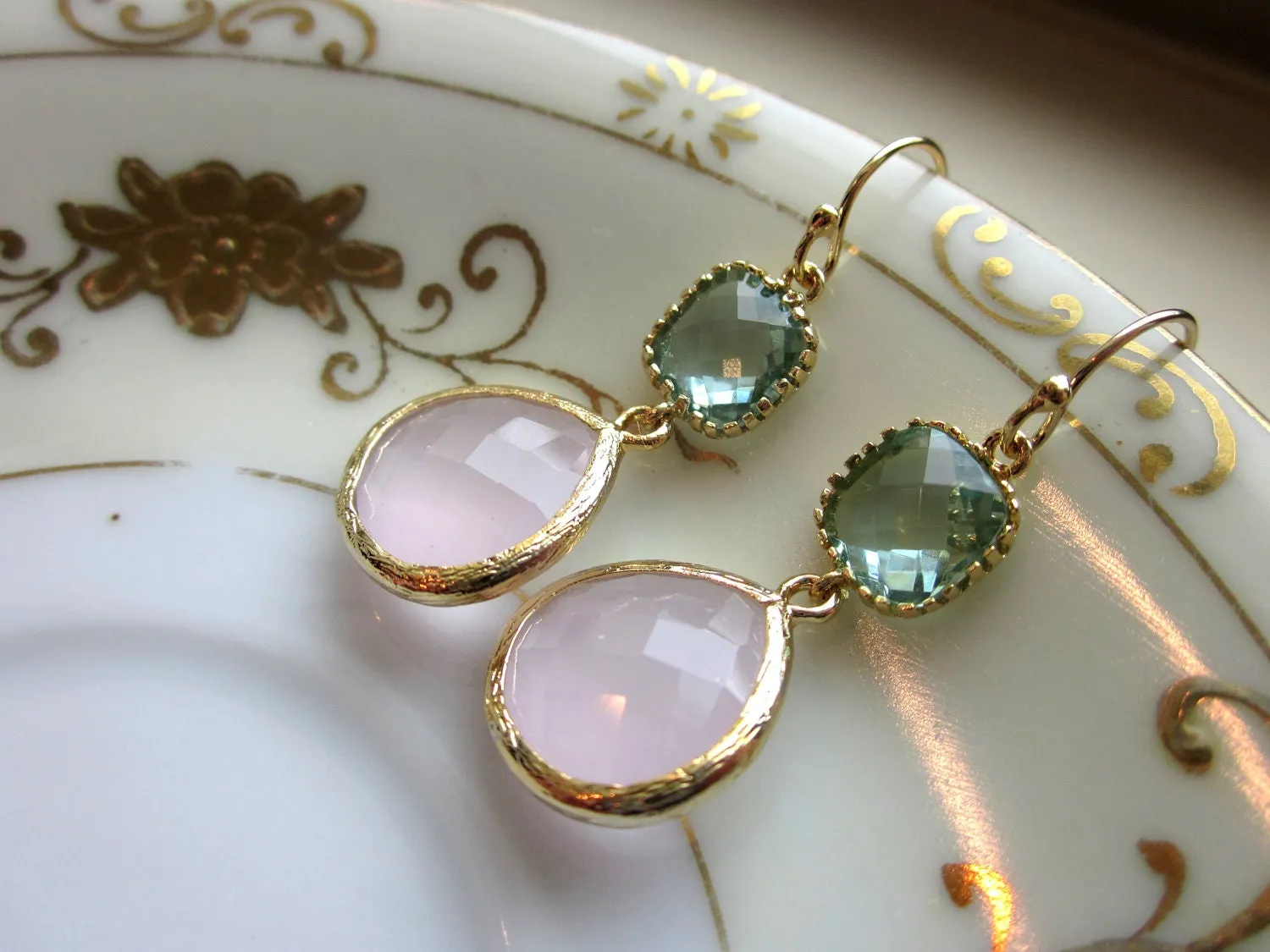 Large Pink Opal Earrings Gold Prasiolite Green Two Tier -  Bridesmaid Earrings Wedding Earrings Valentines Day Gift