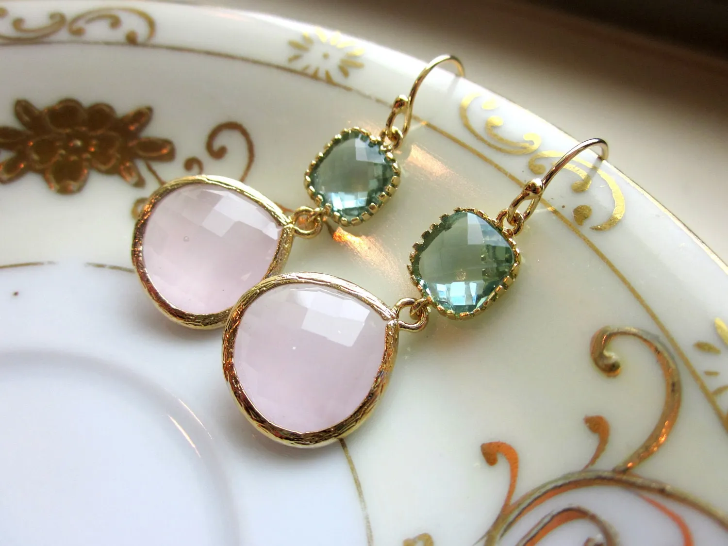 Large Pink Opal Earrings Gold Prasiolite Green Two Tier -  Bridesmaid Earrings Wedding Earrings Valentines Day Gift