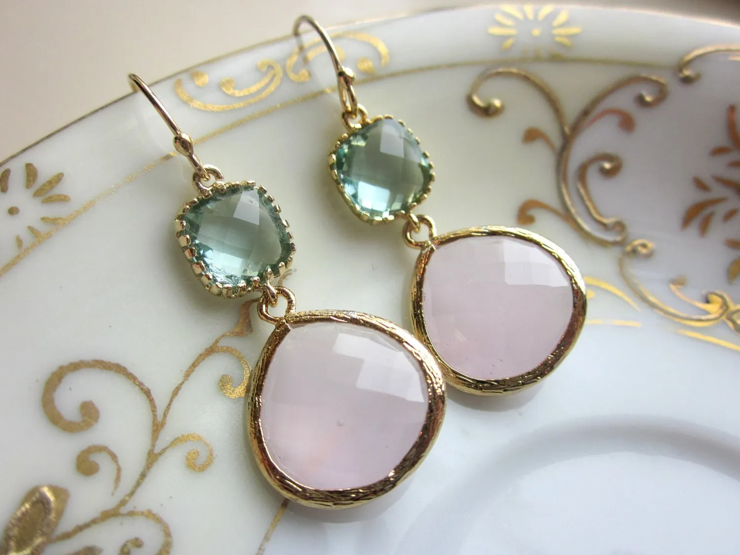 Large Pink Opal Earrings Gold Prasiolite Green Two Tier -  Bridesmaid Earrings Wedding Earrings Valentines Day Gift