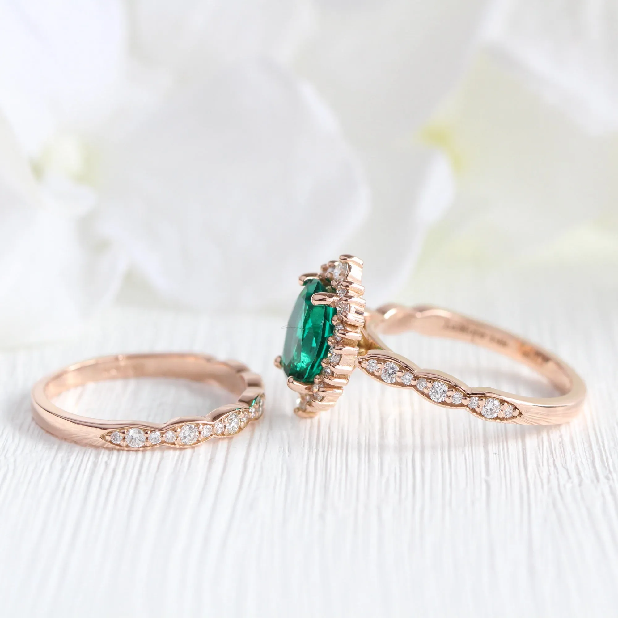 Large Tiara Halo Oval Ring Set w/ Emerald and Diamond in Scalloped Band