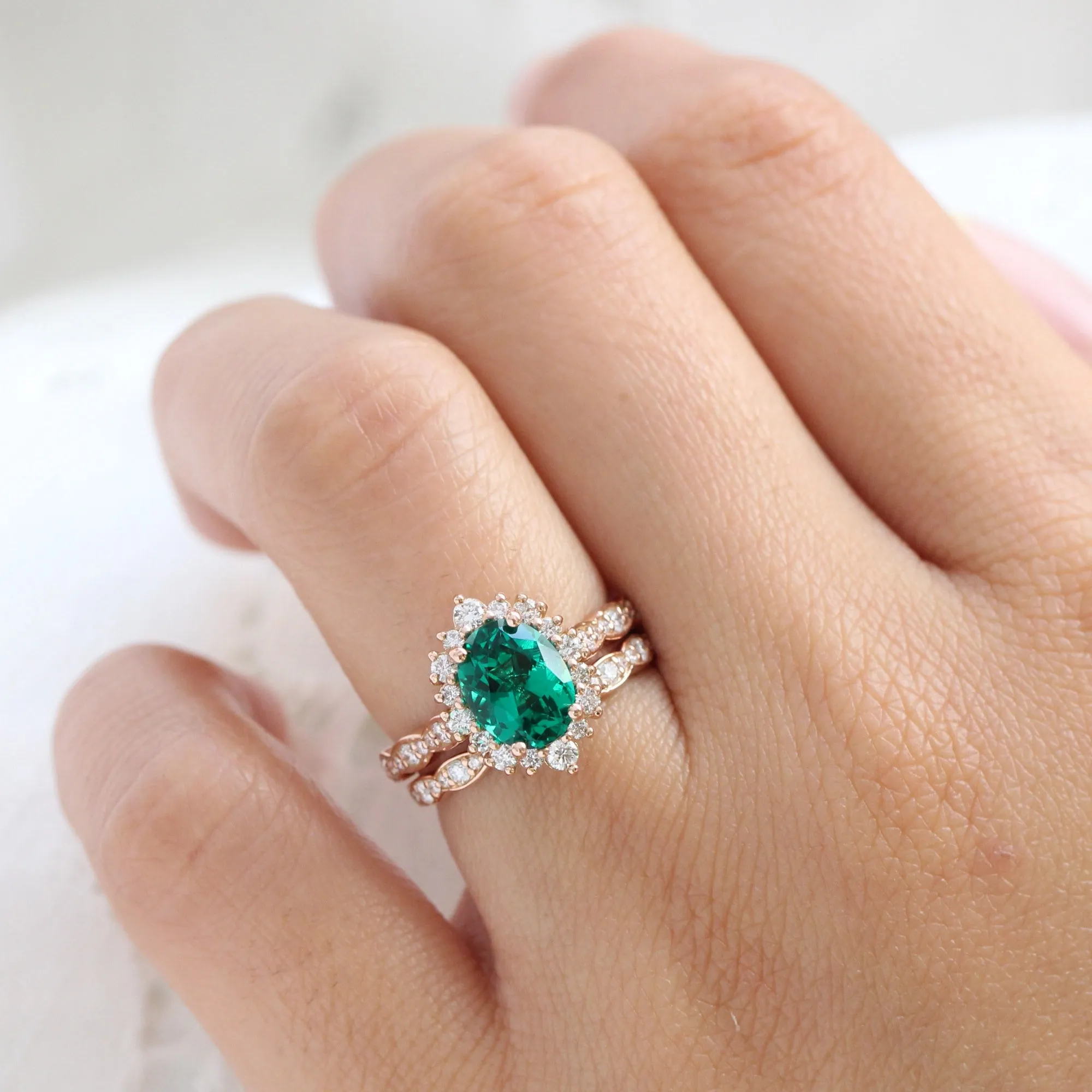 Large Tiara Halo Oval Ring Set w/ Emerald and Diamond in Scalloped Band