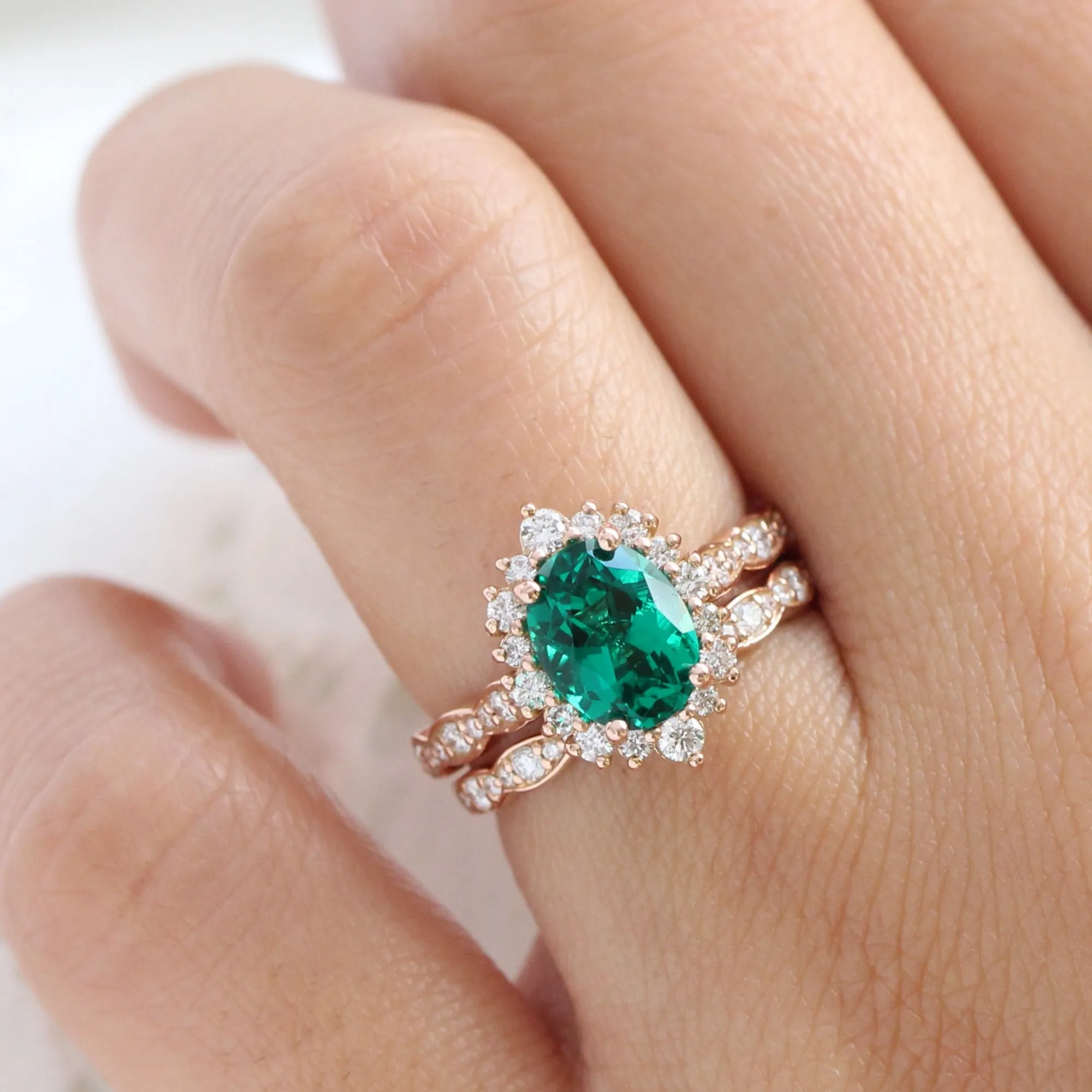Large Tiara Halo Oval Ring Set w/ Emerald and Diamond in Scalloped Band
