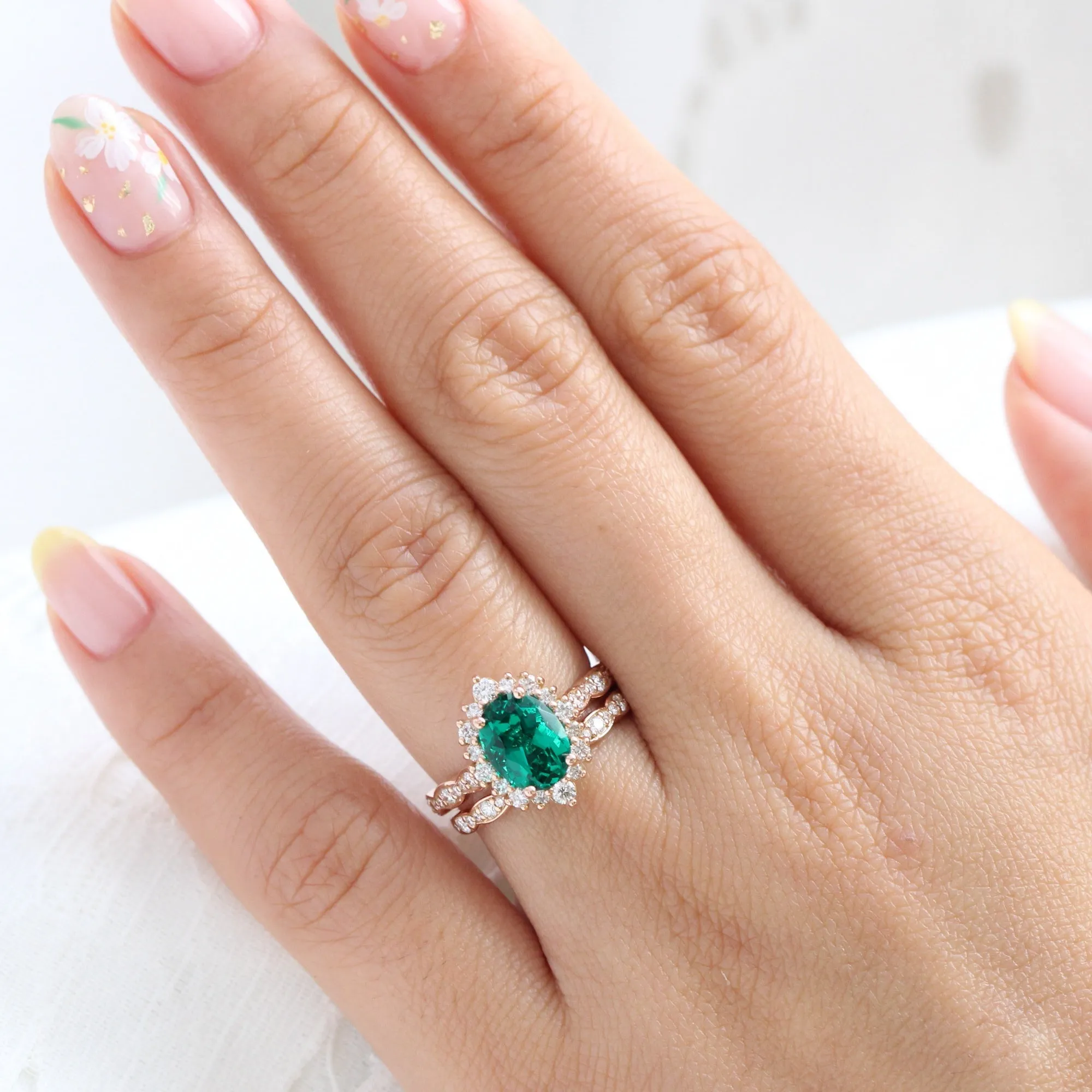 Large Tiara Halo Oval Ring Set w/ Emerald and Diamond in Scalloped Band