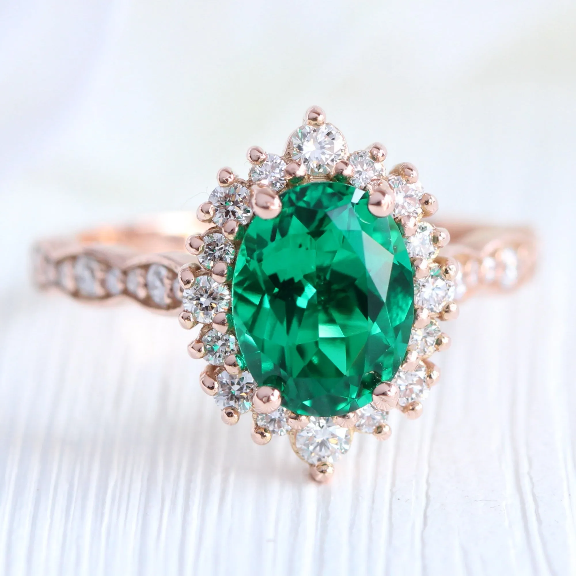 Large Tiara Halo Oval Ring Set w/ Emerald and Diamond in Scalloped Band