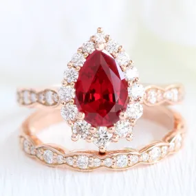 Large Tiara Halo Pear Ruby Ring Set w/ Scalloped Diamond Wedding Band