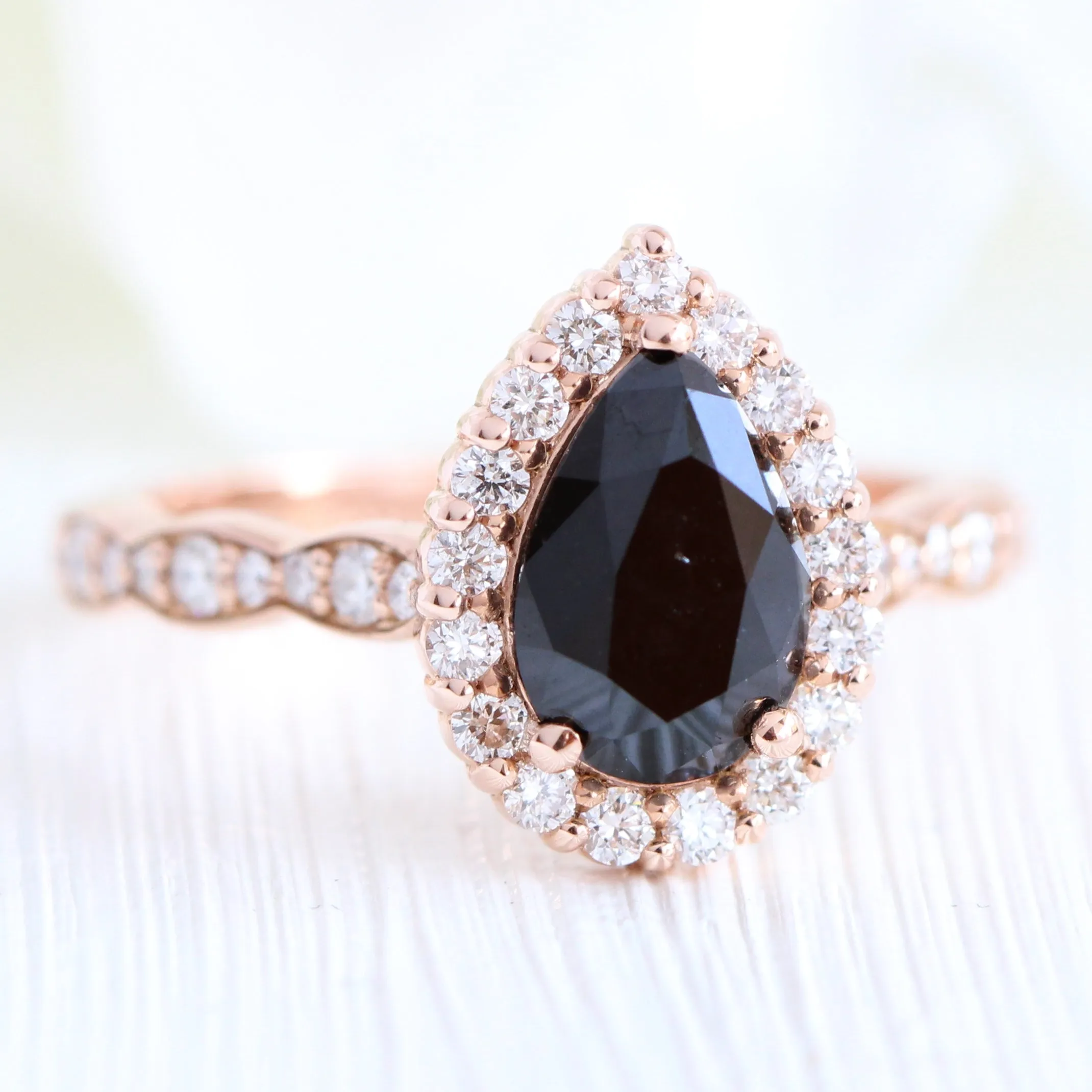 Luna Halo Black Diamond Pear Ring Set w/ Large Tiara Diamond Wedding Band