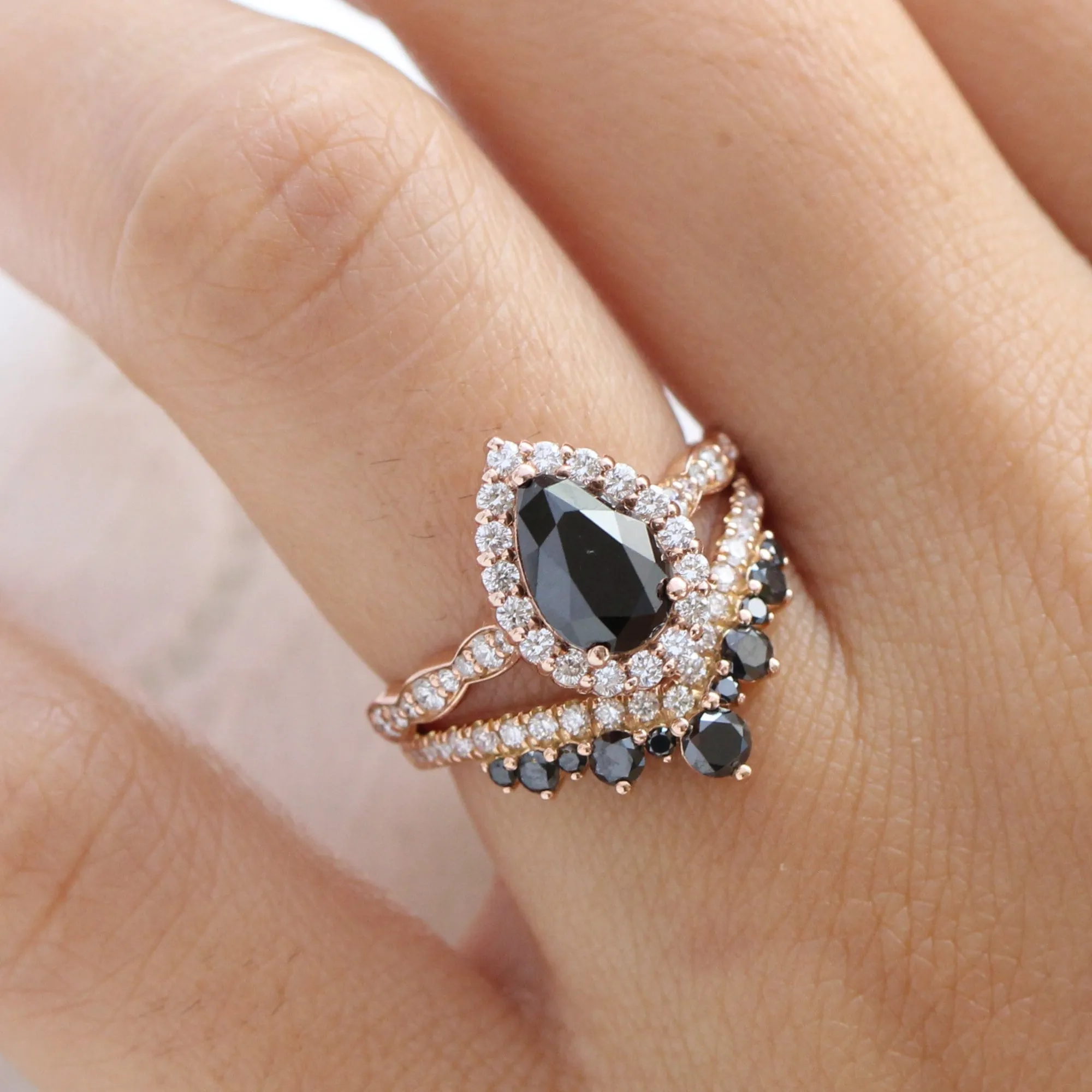 Luna Halo Black Diamond Pear Ring Set w/ Large Tiara Diamond Wedding Band