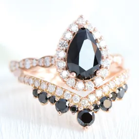 Luna Halo Black Diamond Pear Ring Set w/ Large Tiara Diamond Wedding Band