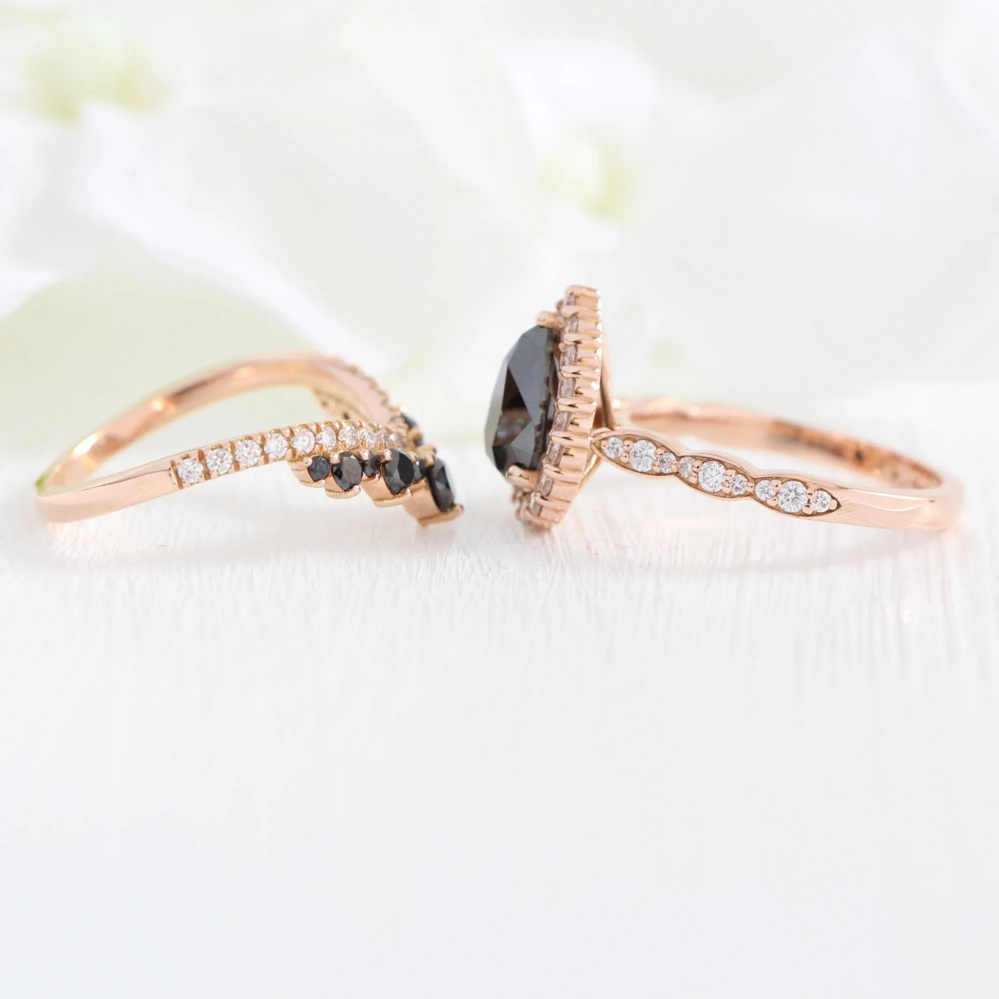Luna Halo Black Diamond Pear Ring Set w/ Large Tiara Diamond Wedding Band