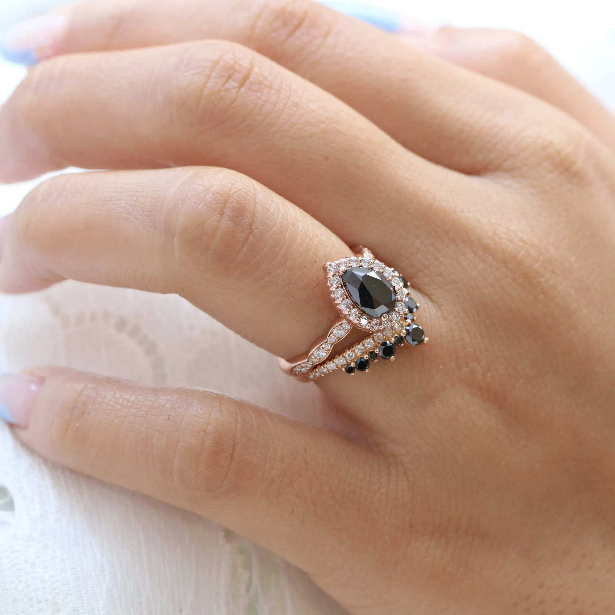 Luna Halo Black Diamond Pear Ring Set w/ Large Tiara Diamond Wedding Band